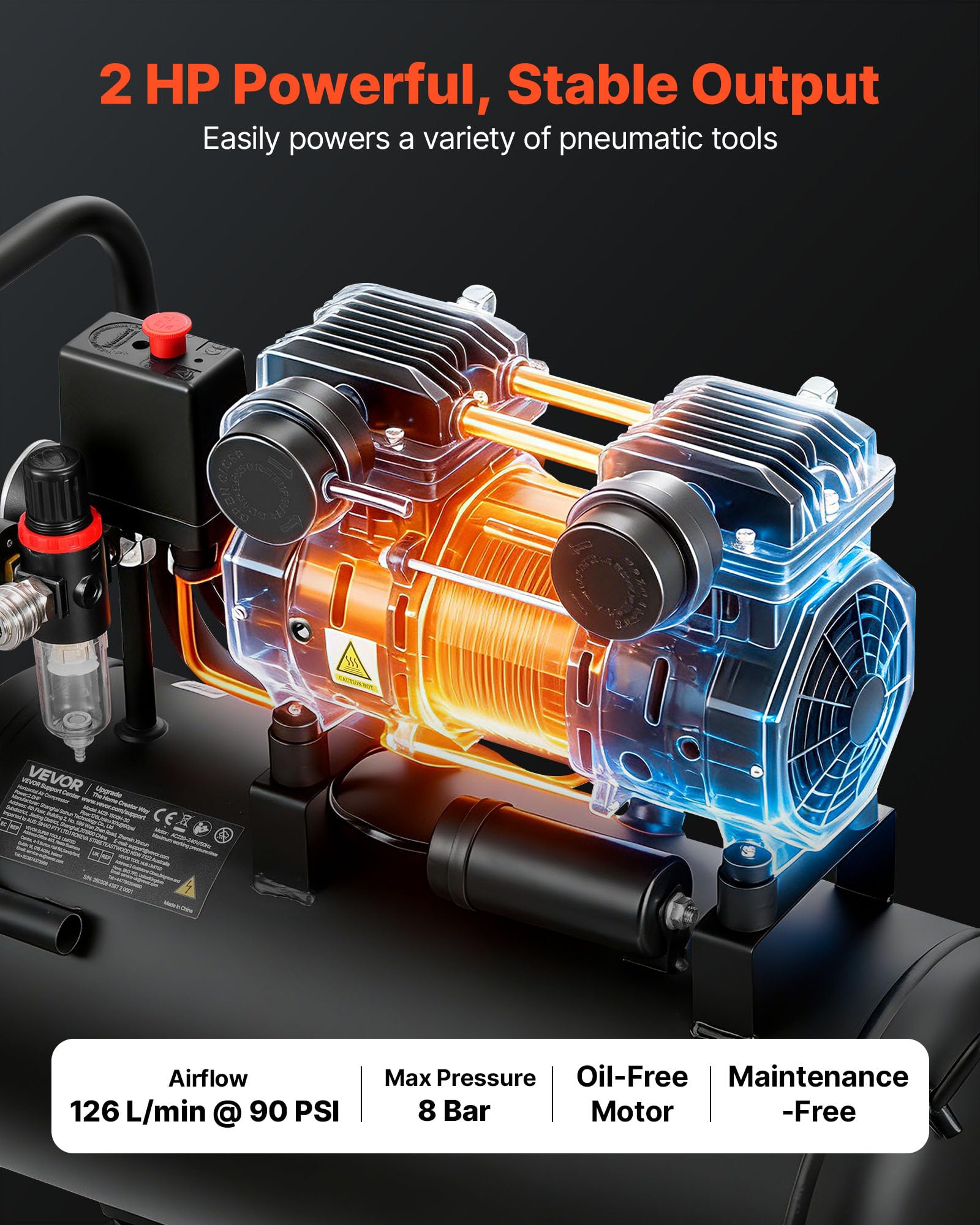 VEVOR Compresor de Aire Portátil con Depósito 30 L sin Aceite, Motor de 1,5 kW, 126 L/min a 6,2 bar, Presión Máxima 8 bar, con Ruedas para Reparación, Taller, Garaje, Inflado y Herramientas Neumáticas