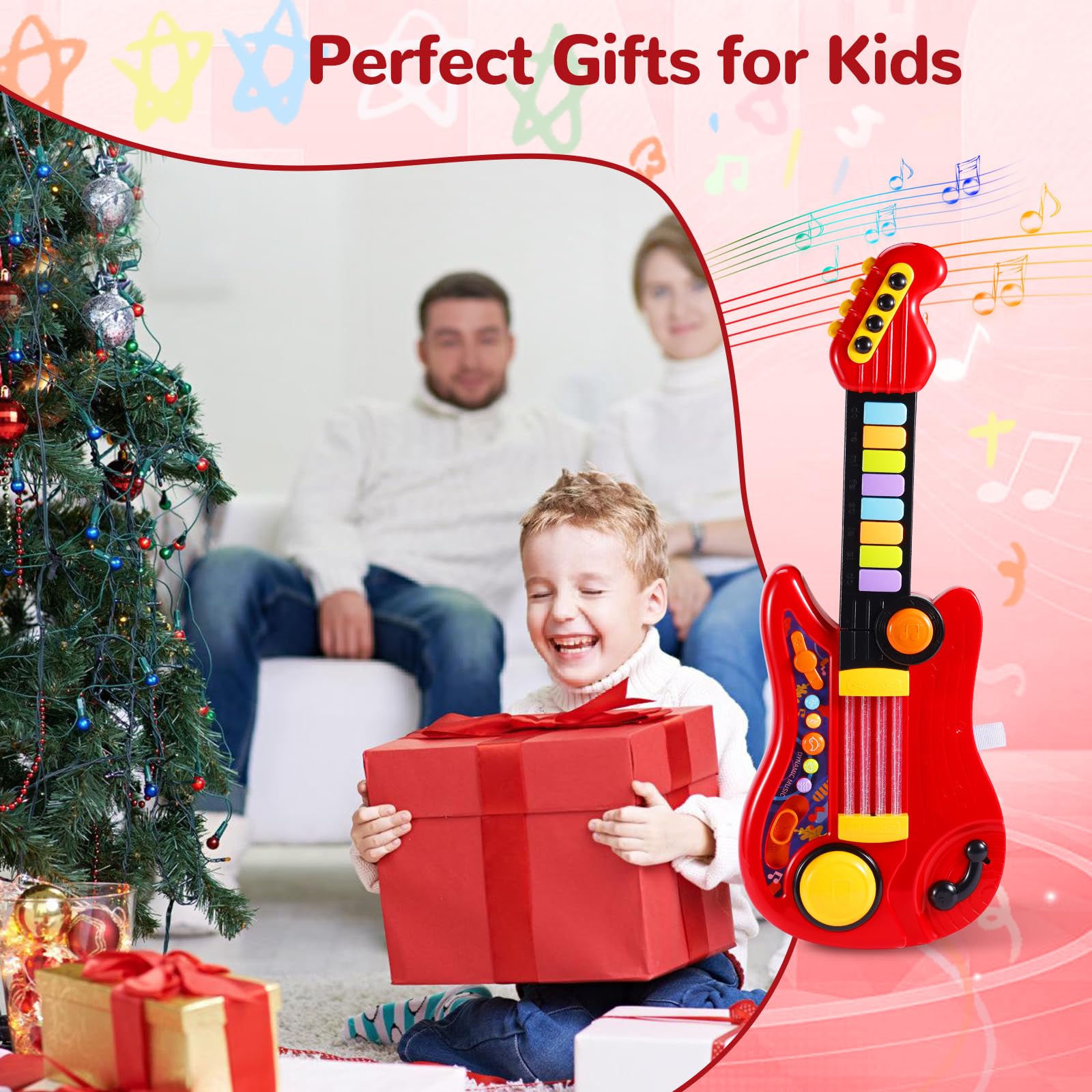 JONRRYIN Gitarre Kinder Spielzeug, 2 IN 1 Kinder Gitarrenspielzeug & Klavier Spielzeug, Kindergitarre Musikalisches, 4 Spielmodi multifunktionales Instrumentenspielzeug, Lernspielzeug Lerngeschenk