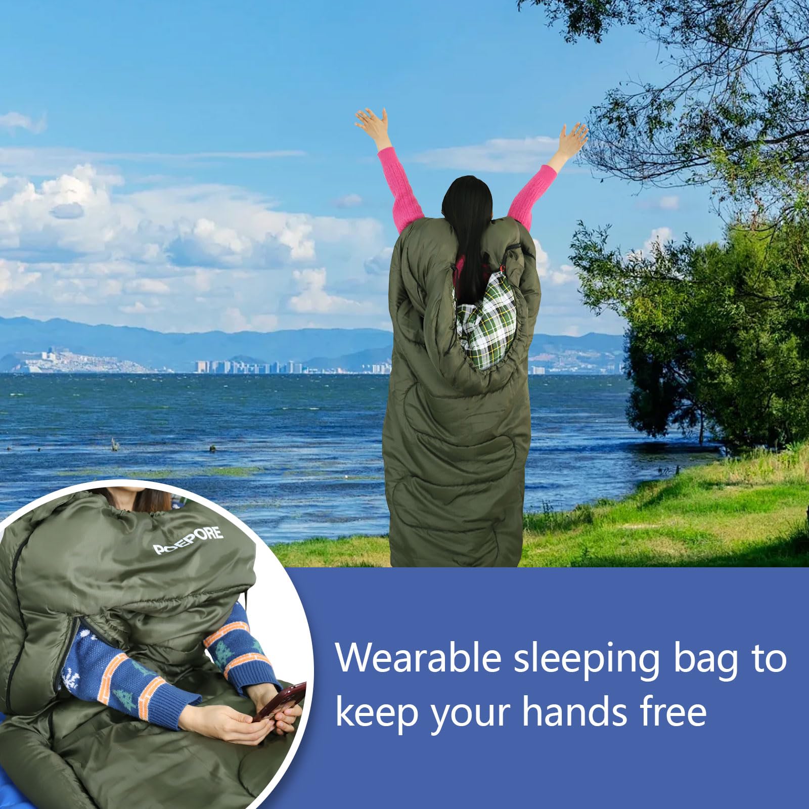 Sacs de couchage pour adultes en flanelle de coton léger avec trous de fermeture éclair pour bras XXL avec oreiller sac de compression pour le camping en plein air, la randonnée