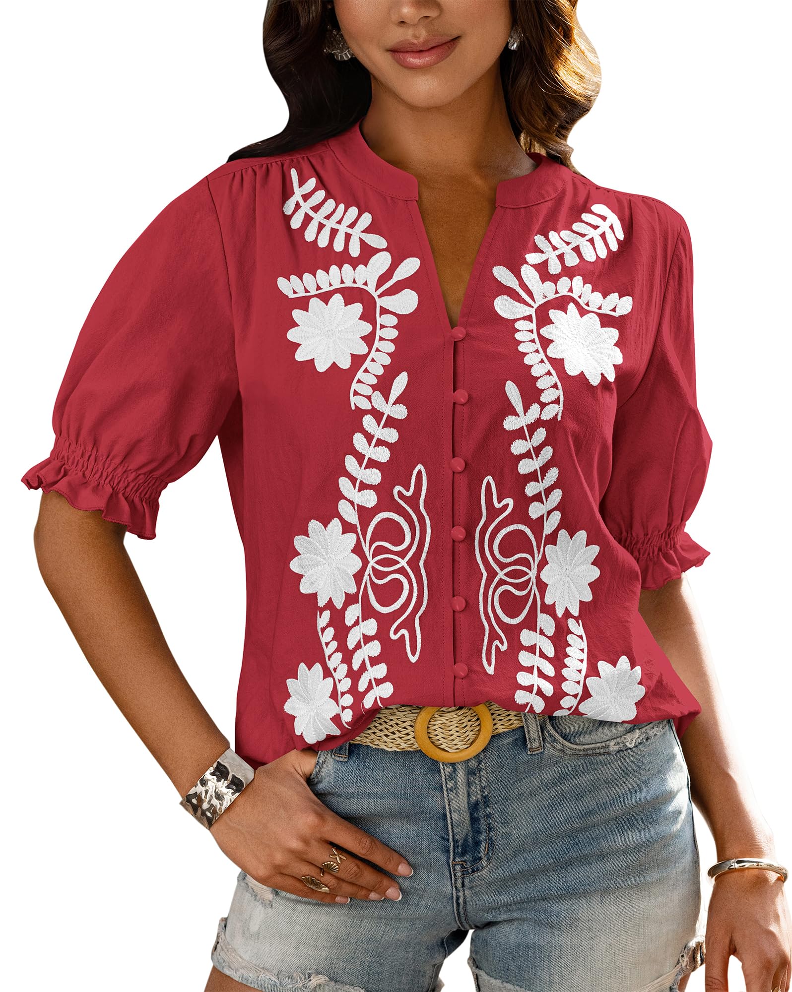 BTFBM Women's 2026 Spring Tops Casual Floral Boho V Neck Puff Short Sleeve Button Down Shirts