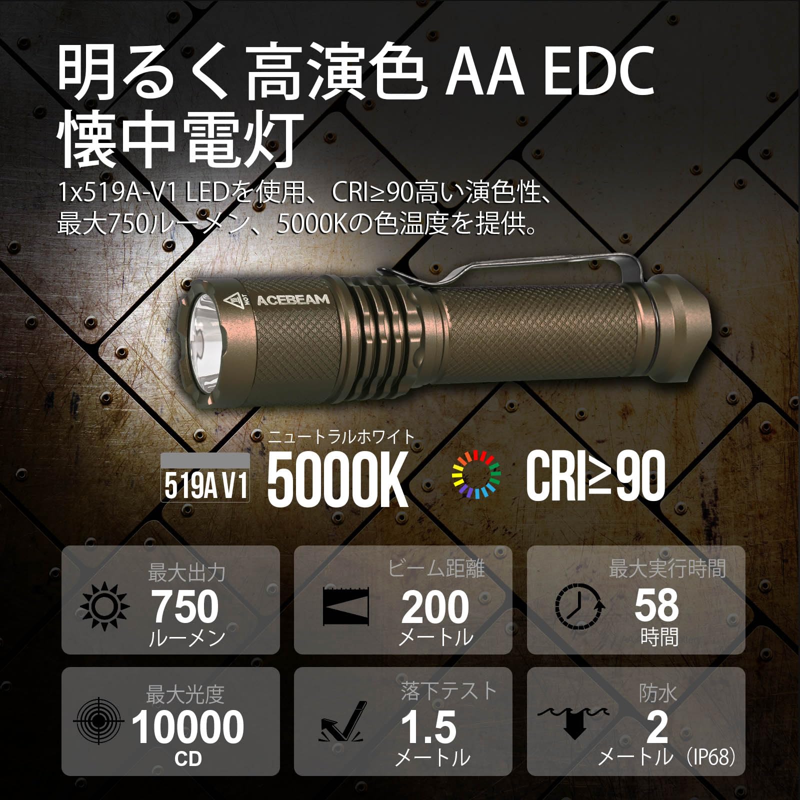 Amazon.co.jp: ACEBEAM TAC AA EDC 懐中電灯 高演色性 Ra90 750