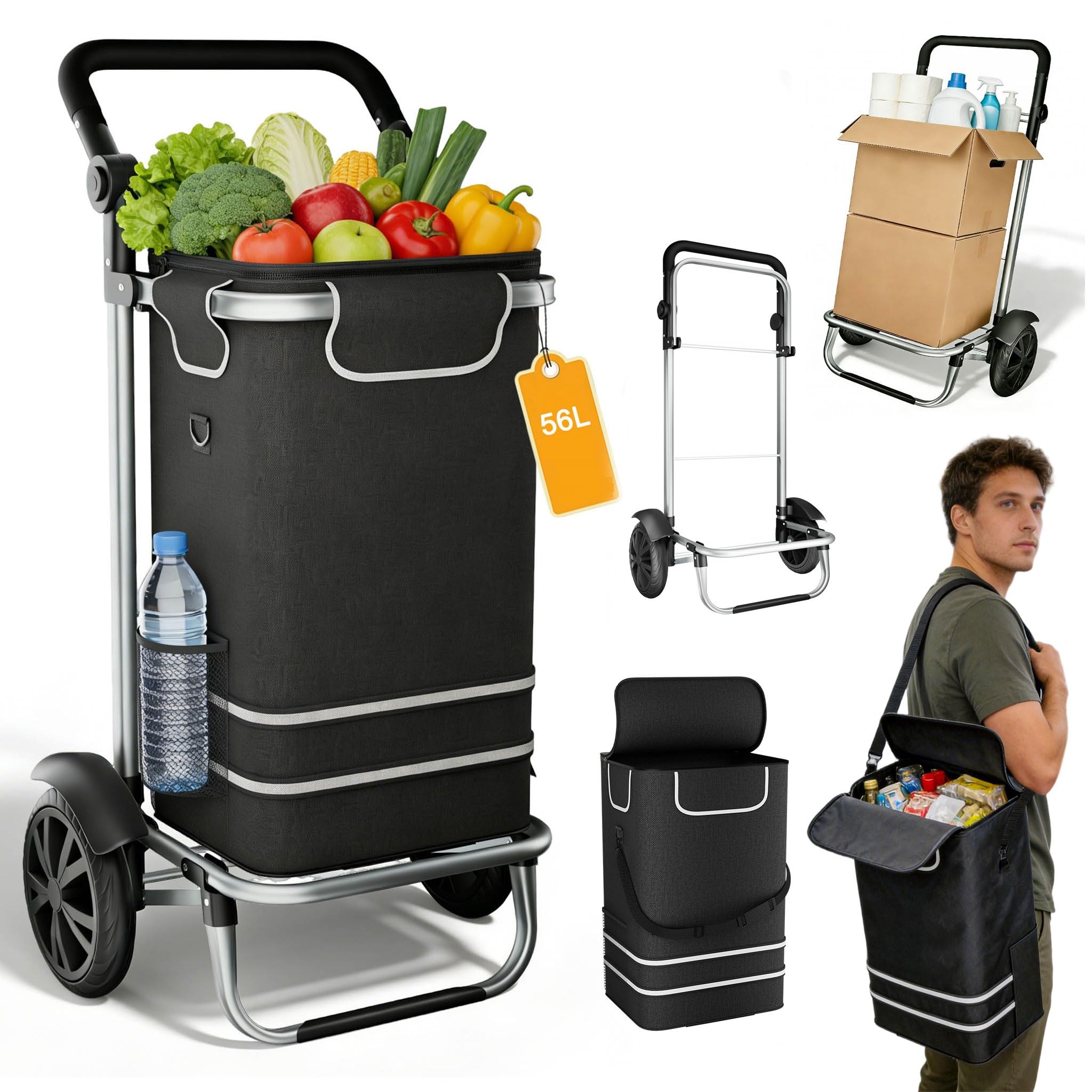 UISEBRT 3in1 Einkaufstrolley klappbar mit 56L groß Volumen,Multifunktionaler Einkaufsroller mit Kühlfach, Umhängetasche & Sackkarre in Einem,Hackenporsche Trolly Einkaufswagen Schwarz,1-Rad