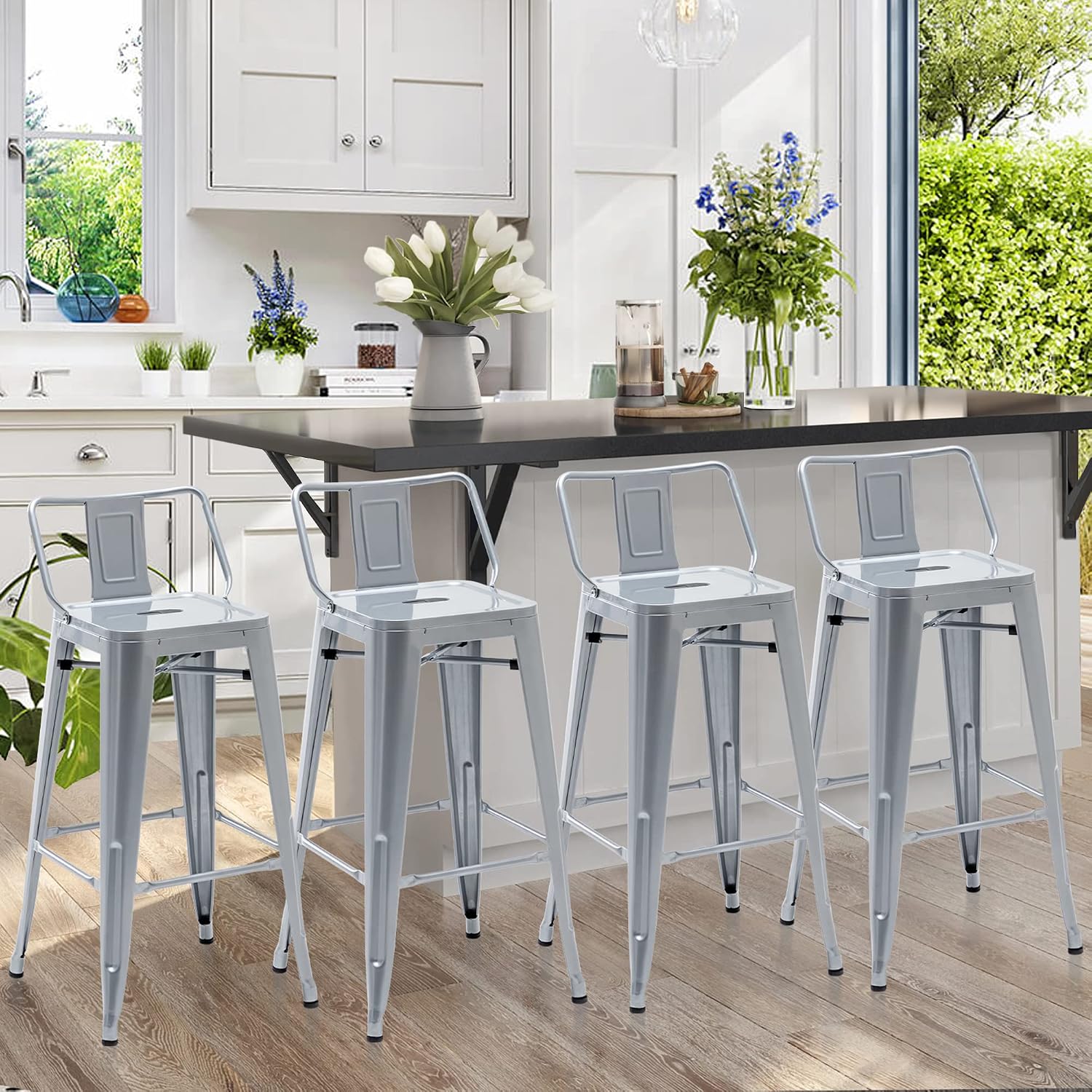 Tongli Metal Bar Stools Set of 4 Barstools Counter Height Bar Stools with Back Industrial Bar Stool Indoor Counter Stool Kitchen Island Stools Modern Bar Chair 24 inch Silver