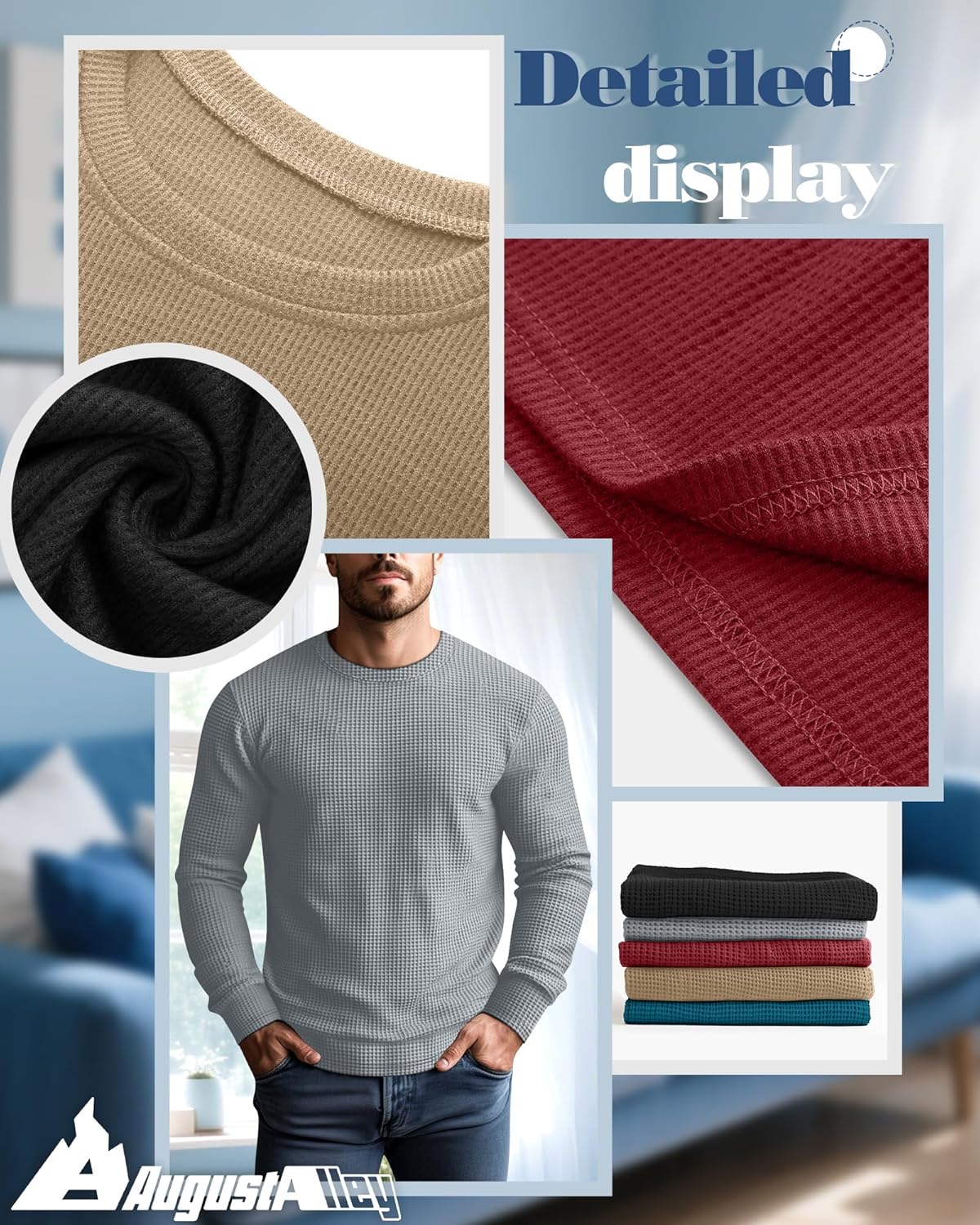 August Alley 5 Pack Thermal Waffle Shirts for Men, Crew Neck Long Sleeve Casual Pullover Underwear Textured Knit Tops