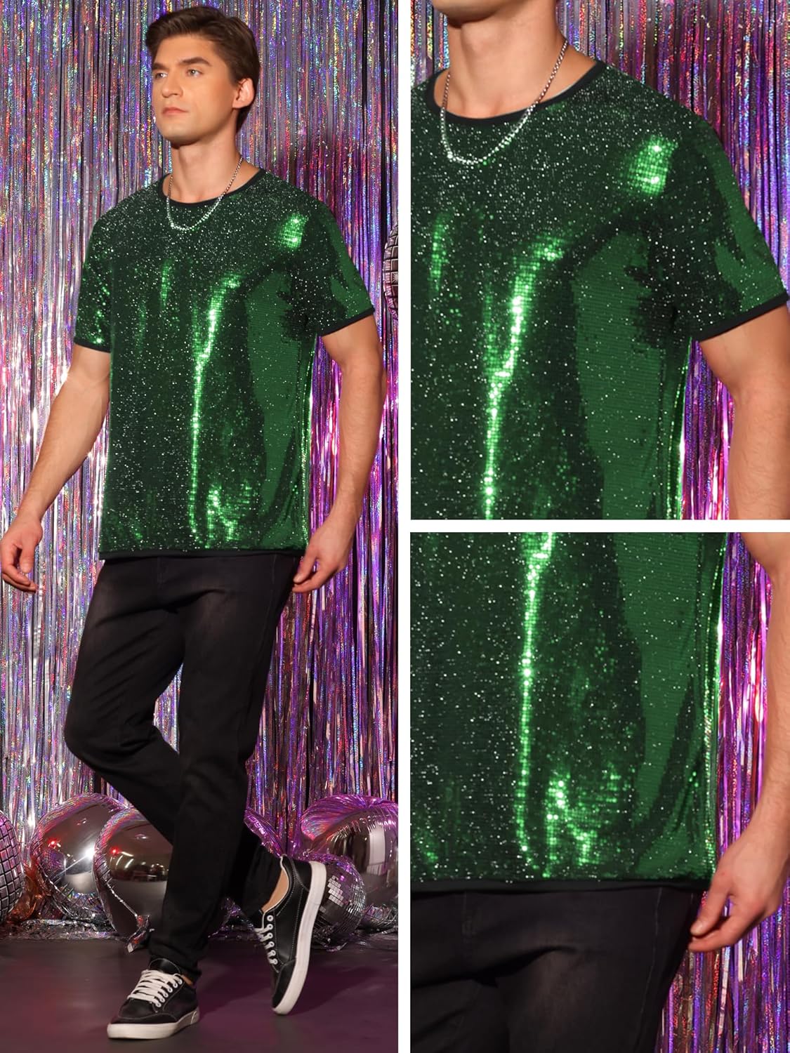 Lars Amadeus Sequin Tee for Men's Short Sleeves Crew Neck Nightclub Party T-Shirts