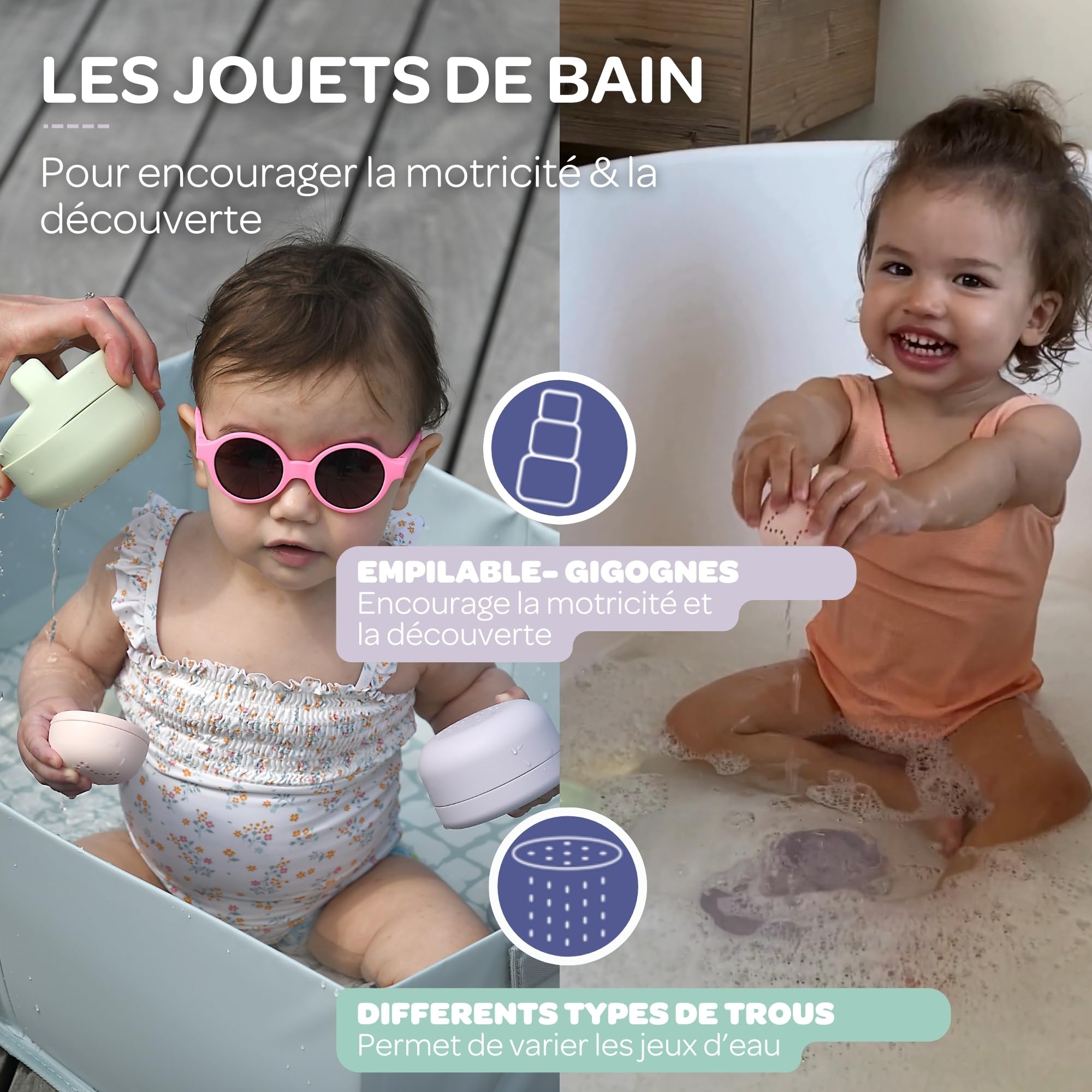 BÉABA, Set di 4 giocattoli da bagno in silicone, Impilabili, Giganteschi, Ergonomici, Forme e dimensioni diverse, Sviluppano le capacità motorie, Morbido silicone, Facili da riporre, Multicolore