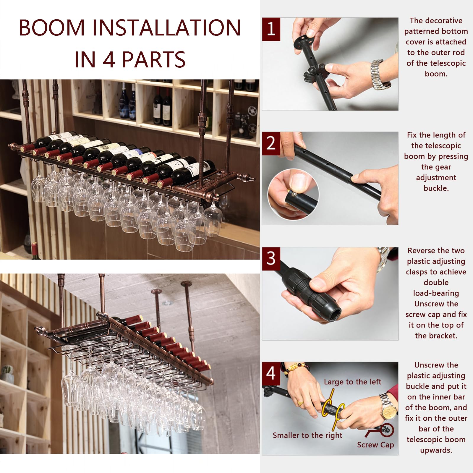 Soportes para Copas y Botelleros Colgante de Metal, Altura Ajustable Porta Bottiglie da Vino, Cuelga Copas con Invertido Tallo para Barra Bar/Club/Armarios para Vino (BR, 80x30x(30-60) cm)