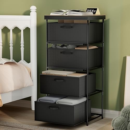 Dresser with 4 Fabric Drawer Solid Wood TV Stand Desktop Sturdy Metal Support Tube Cube Storage Cabinet for Bedroom Organization Dorm Front Hall Entryway (4 Drawer)