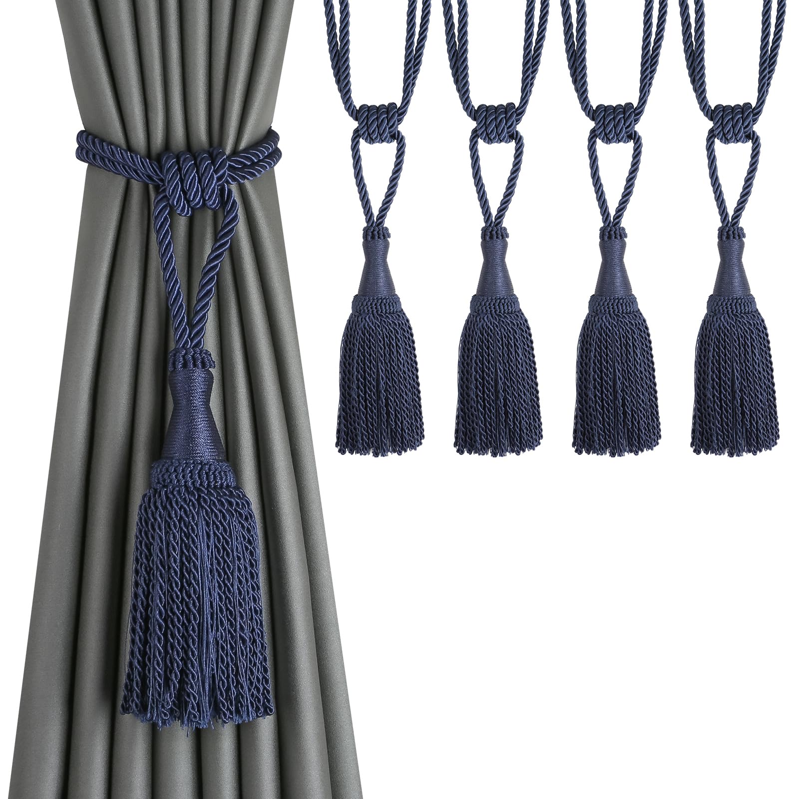 BEL AVENIR Lot de 4 embrasses de rideaux à pompons modernes en corde pour rideaux de fenêtre – Embrasses décoratives élégantes pour l'extérieur (bleu marine)