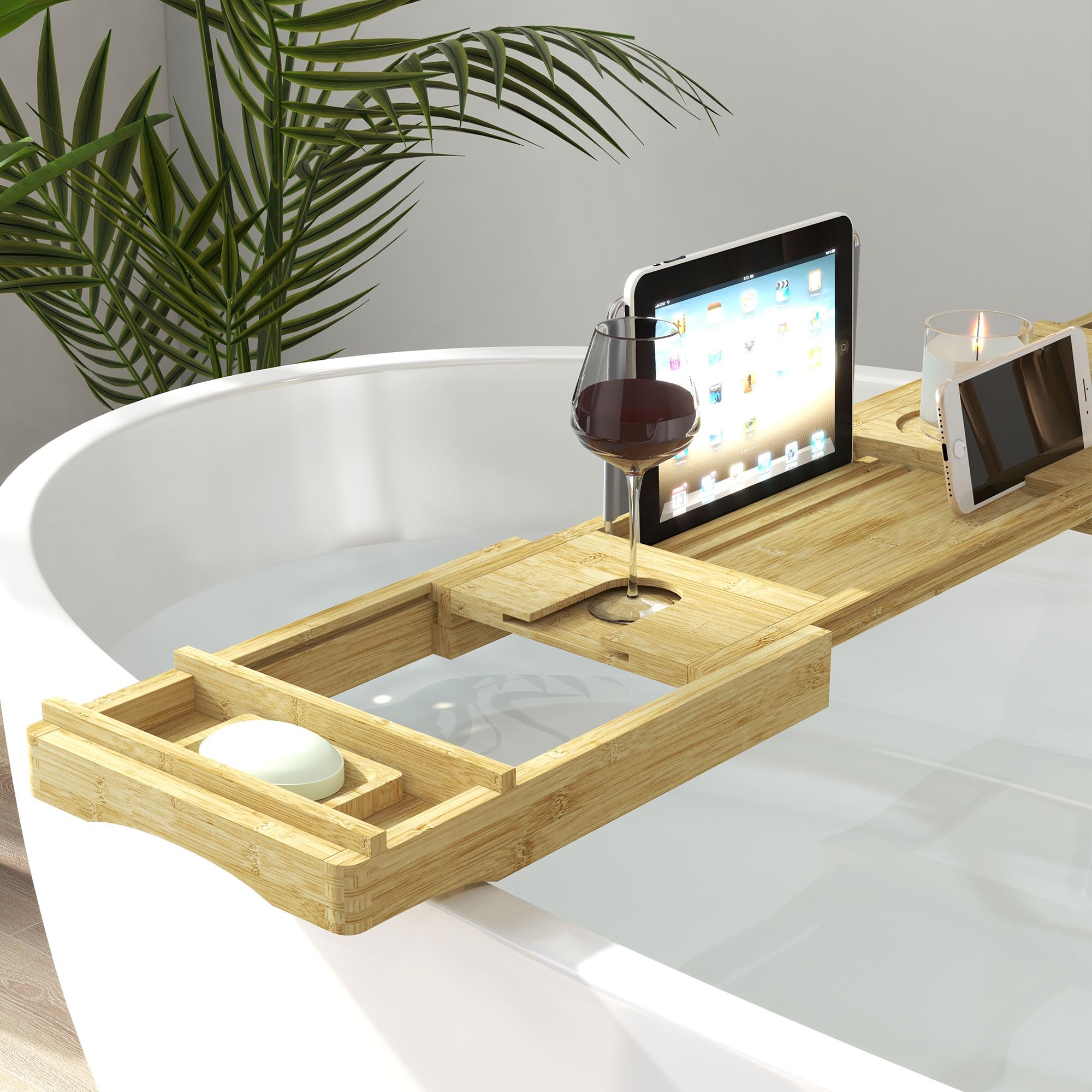 HOMCOM Pont étagère Plateau de Baignoire Extensible en Bambou avec Support gobelet et Porte-Savon, Tablette 75-109 x 23 x 4,5 cm Effet Bois Naturel