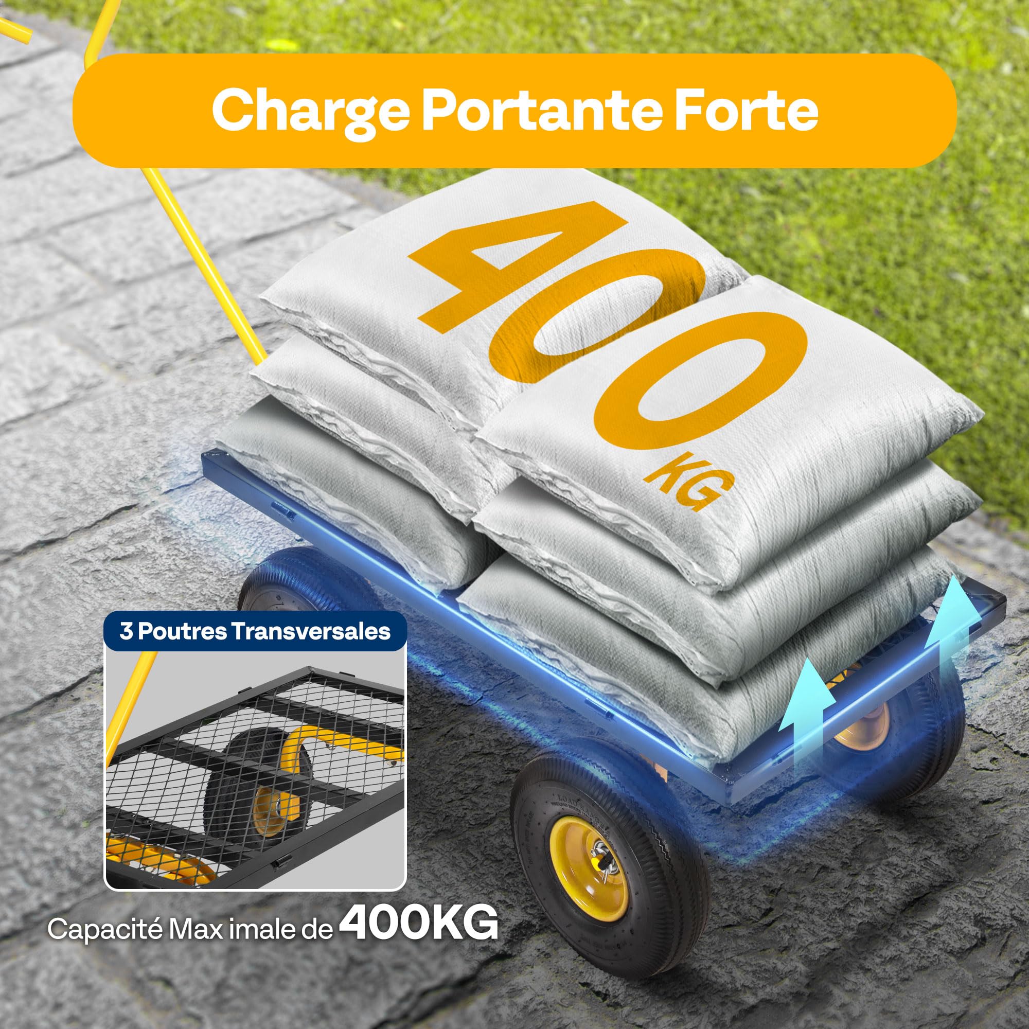 VIVOHOME Chariot de Jardin Transport Camping, Capacité de Charge 400kg, Chariot Utilitaire Robuste Extérieur avec Pneus Côtés Amovibles en Maille Réglables Poignée Rotative Noir