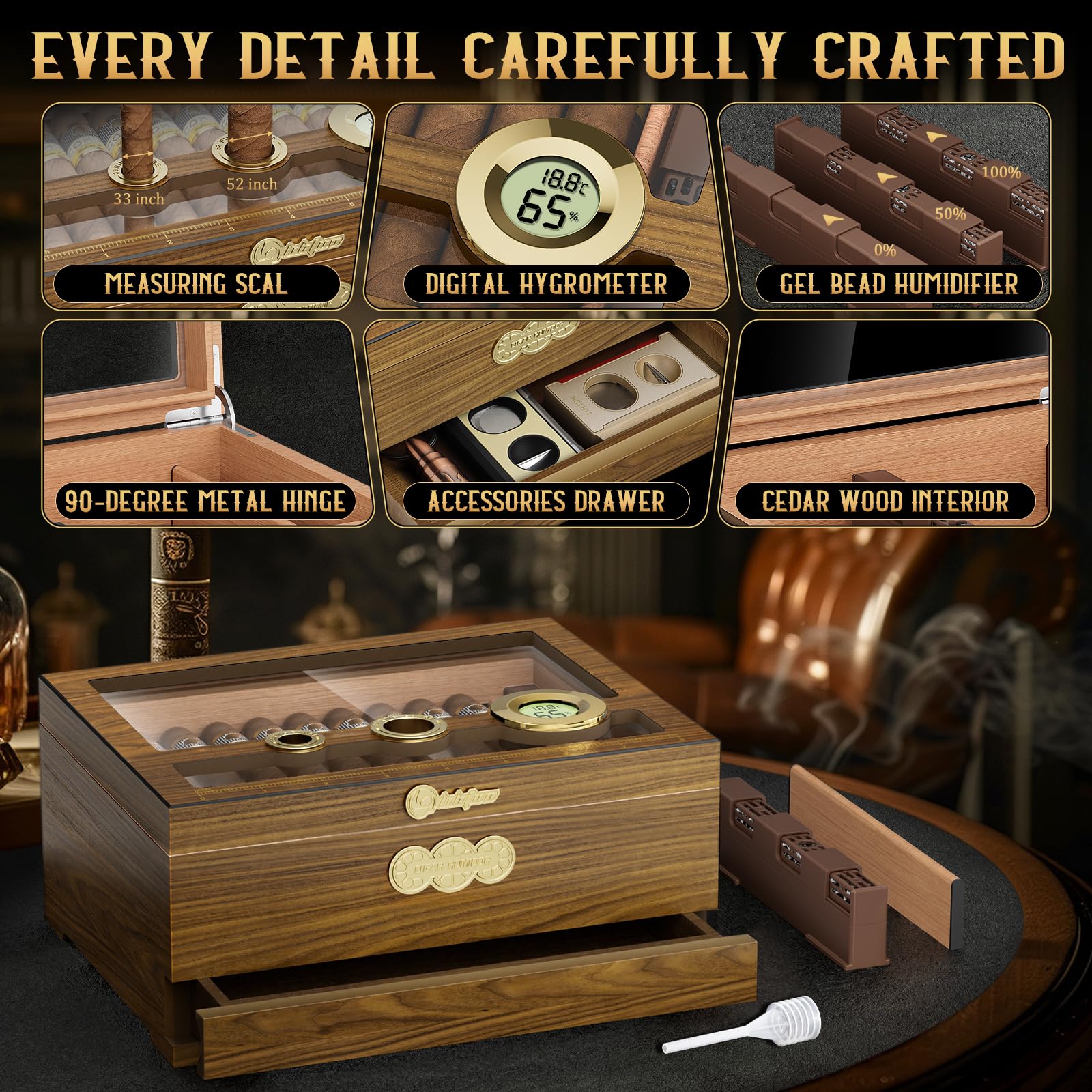 LIHTUN Zigarren Humidor, Glas Top Desktop Humidor Box, Zigarren Geschenke für Männer, Zedernholz Zigarrenkoffer mit Digital Hygrometer, Luftbefeuchter, Messskala und Zigarren Zubehör Schublade