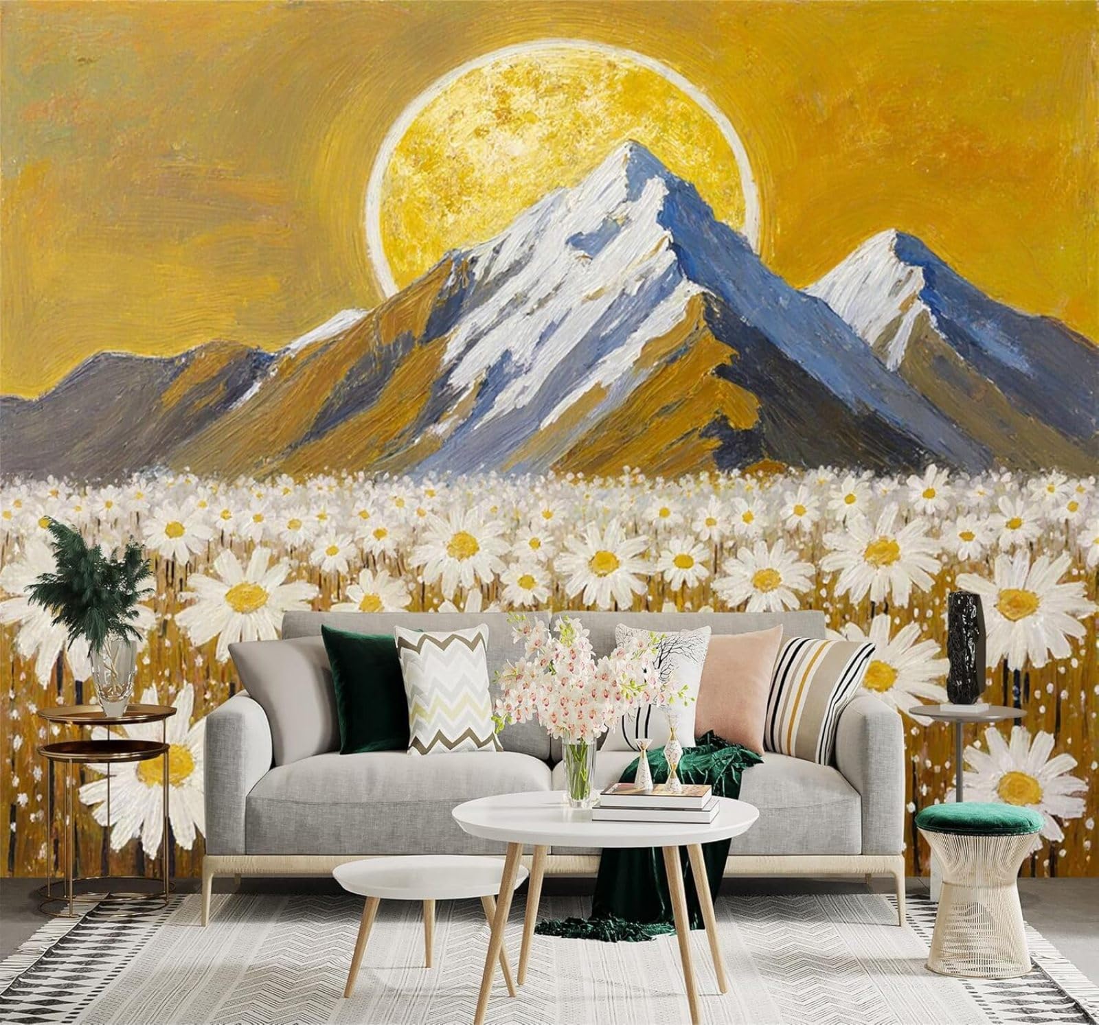 XLMING Hand Drawn Snow Capped Mountains Golden Sunlight White Flower Fields Landscape 3D Wallpaper Silky Texture Home Study Office Grey Dining Room Sofa Bedroom Living Room TV Backdrop-250cm×170cm