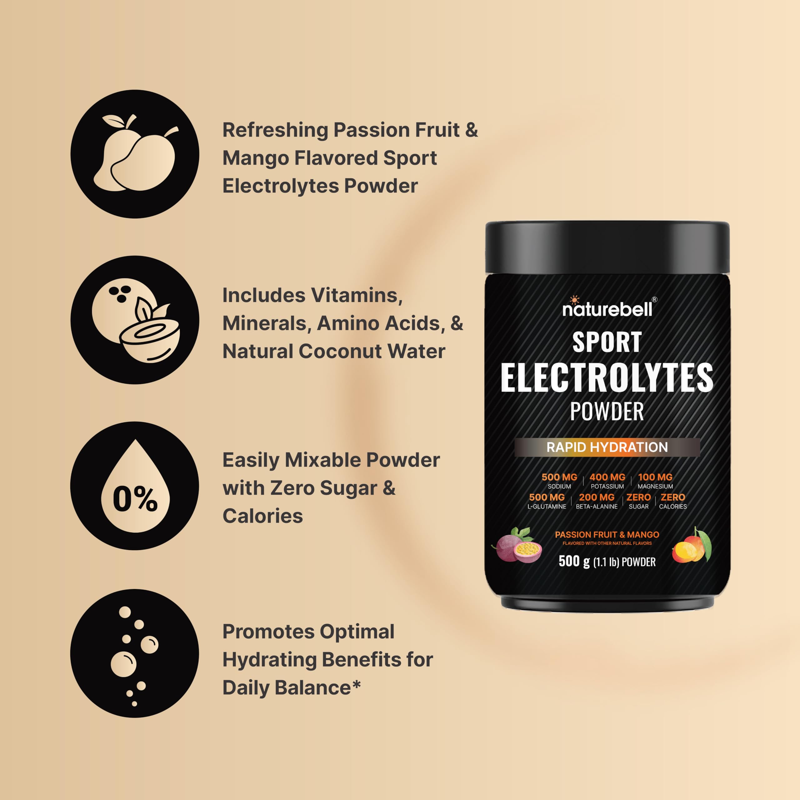 Sport Electrolytes Powder No Sugar, 500g (52 Servings) | Electrolyte Hydration Drink Mix with Sodium, Potassium, Magnesium, L-Glutamine, Beta Alanine, & Coconut Water – Passion Fruit & Mango Flavor — Amazon image 4