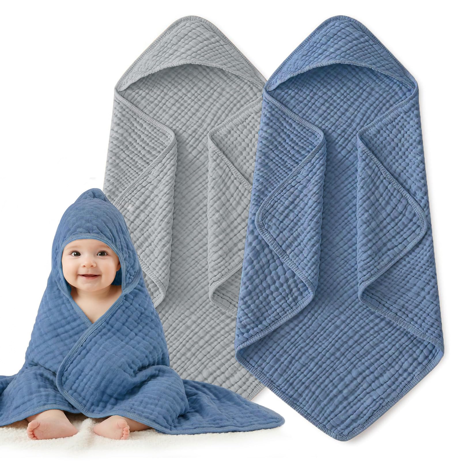 Newborn Hooded Bath Towel Set of 2 - 6 Layers, 100% Cotton Muslin, Soft & Absorbent with Hood for Babies, Infants and Toddlers, Large, 32x32 Inches