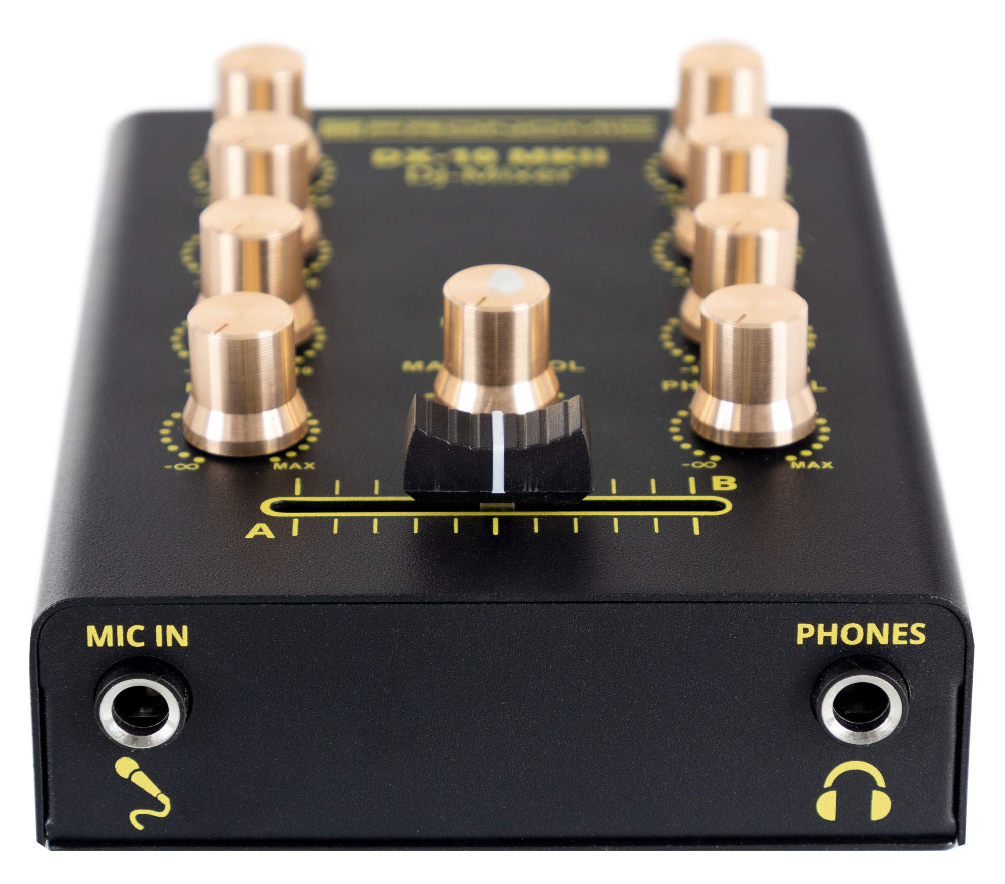 Pronomic DX-10 MKII DJ Mixer - kompakter 2-Kanal-DJ-Mixer mit zwei Line-Eingängen und 2-Band Equalizer - Mikrofoneingang mit separatem Laustärkeregler - Master- und Kopfhörer-Ausgang - schwarz