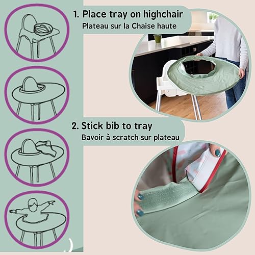 Vista 25 de Tidy Tot- Baby Bib & Tray Kit - Mess Proof Long Sleeve Smock Attaches to Feeding Mat, Waterproof Bib - Fits Babies 6-24 Month Kit verde salvia