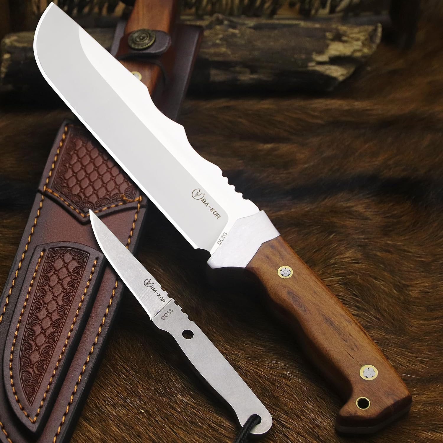 BA-KOR Survival Knife Set 14” Full Tang DC53 Steel, 7mm Thick Blade with Rosewood Handle, Leather Sheath + EDC Fixed Blade Knife + Large Fire Starter for Camping, Hunting, Outdoor Bushcraft