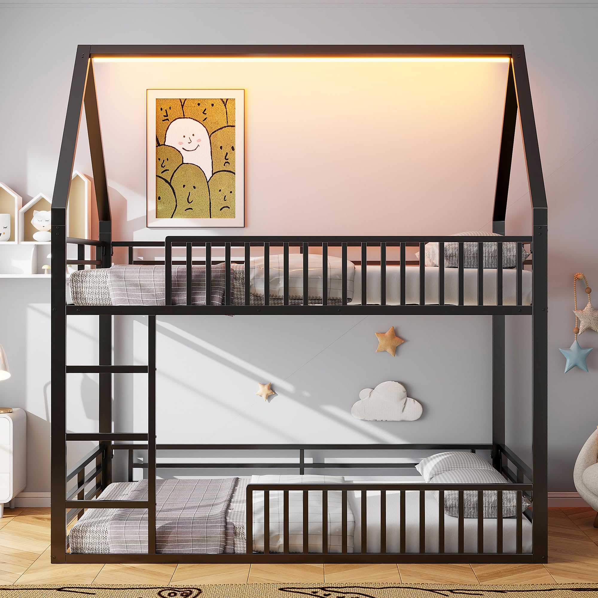 łóżko piętrowe czarne podwójne łóżko 140 x 200 cm antresola z litego metalu i stali z dachem ogrodzeniem dolna przestrzeń sypialnia młodzież studencka