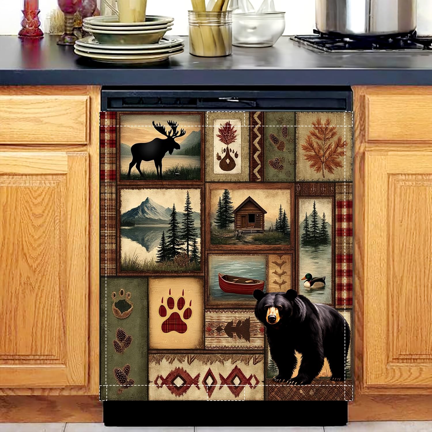 Cabin Bear Dishwasher Magnet Cover, 23''x26'' Rustic Lodge Moose Deer Dishwasher Magnet Cover Fall Dishwasher Sticker for Kitchen Farm Dish Washer Sticker Fridge Panel Decal