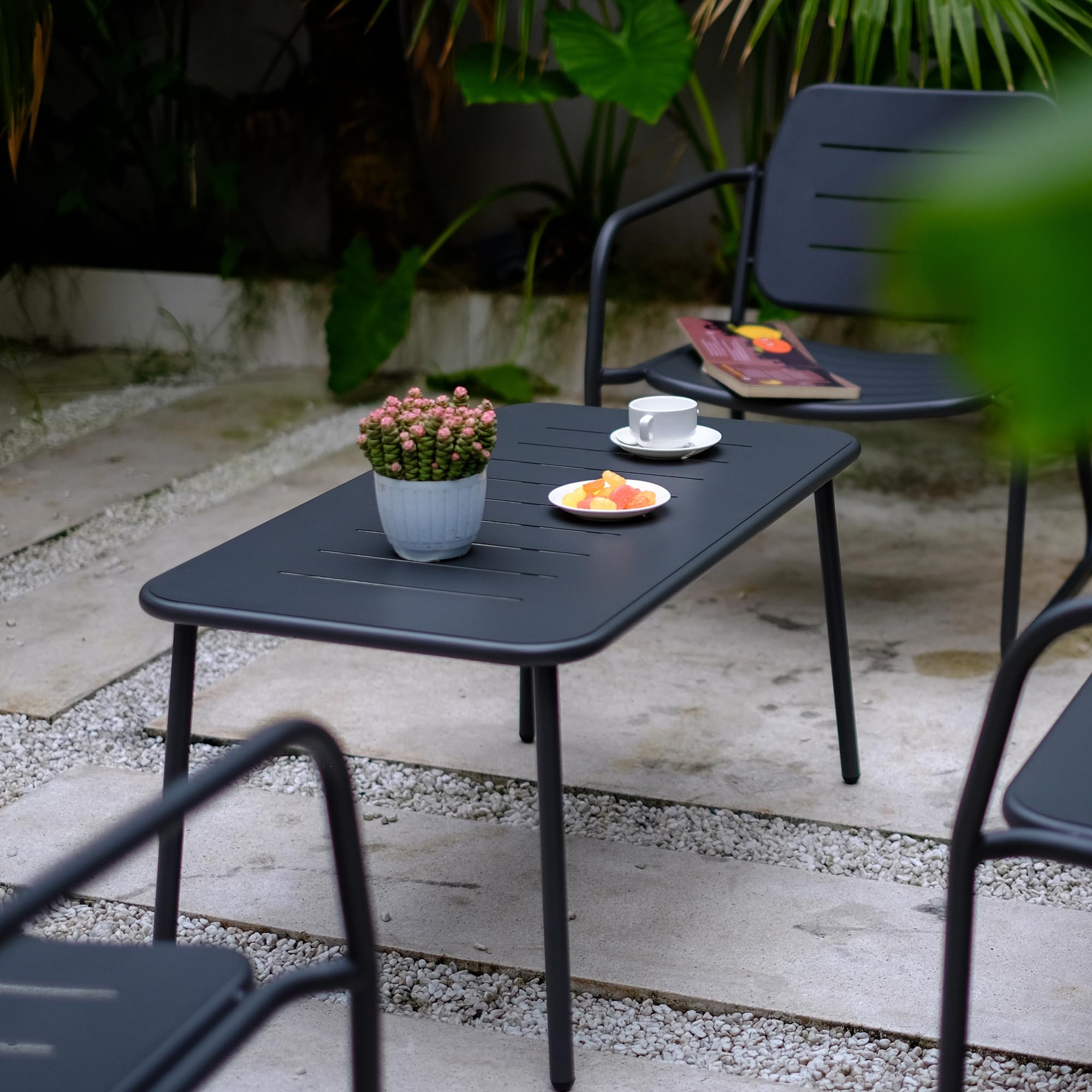 casa.pro Gartenmöbelset Andria Stahl 4-TLG. Anthrazitgrau Balkonmöbel Balkontisch mit Gartenbank und Gartenstühle Terassenmöbel Außen
