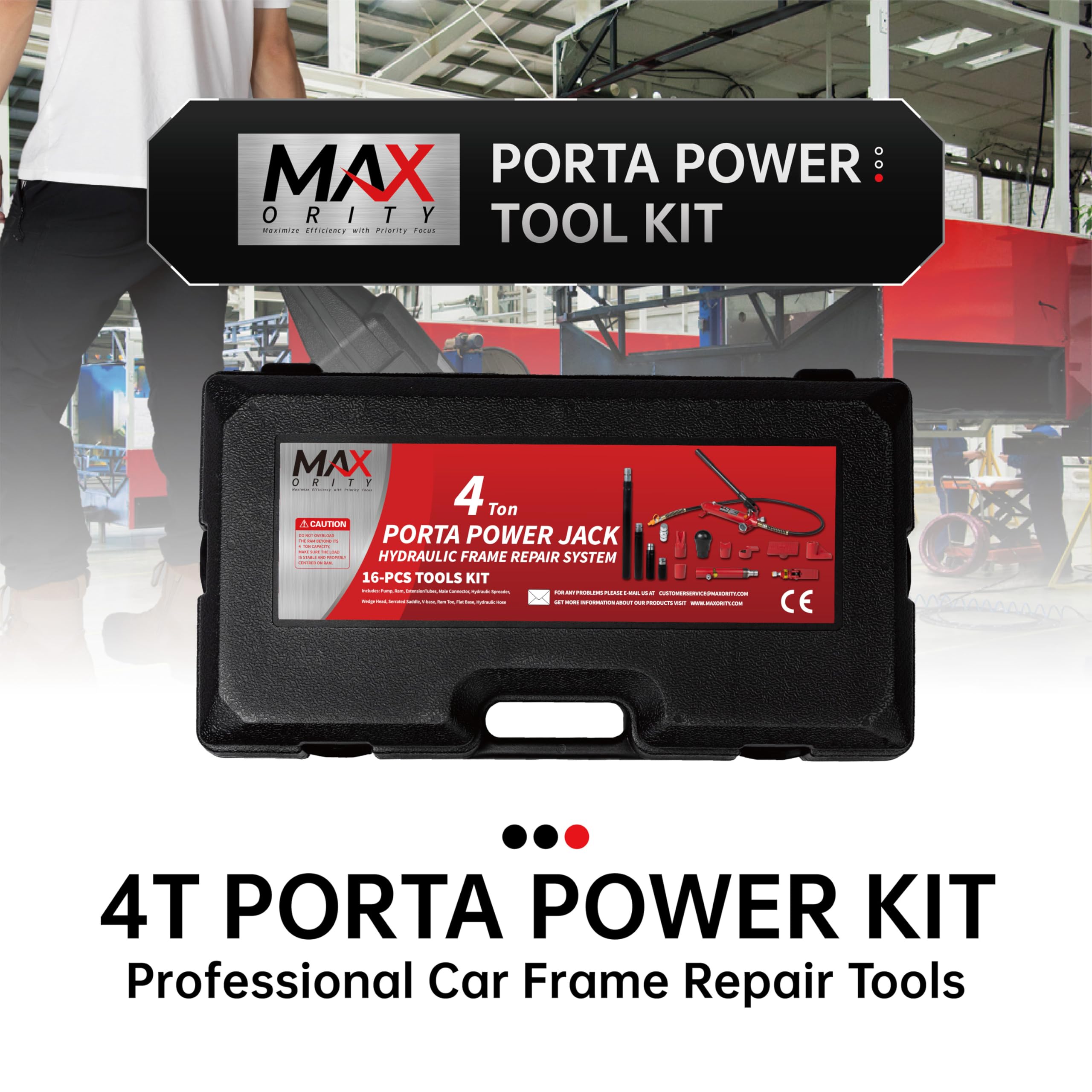 4 Ton (8800 lbs Capacity) Porta Power Jack Hydraulic Ram Auto Body Frame Collision Repair Kit Set, 16-Pcs, with Blow Mold Carrying Case for Cars, Trucks, SUVs & More