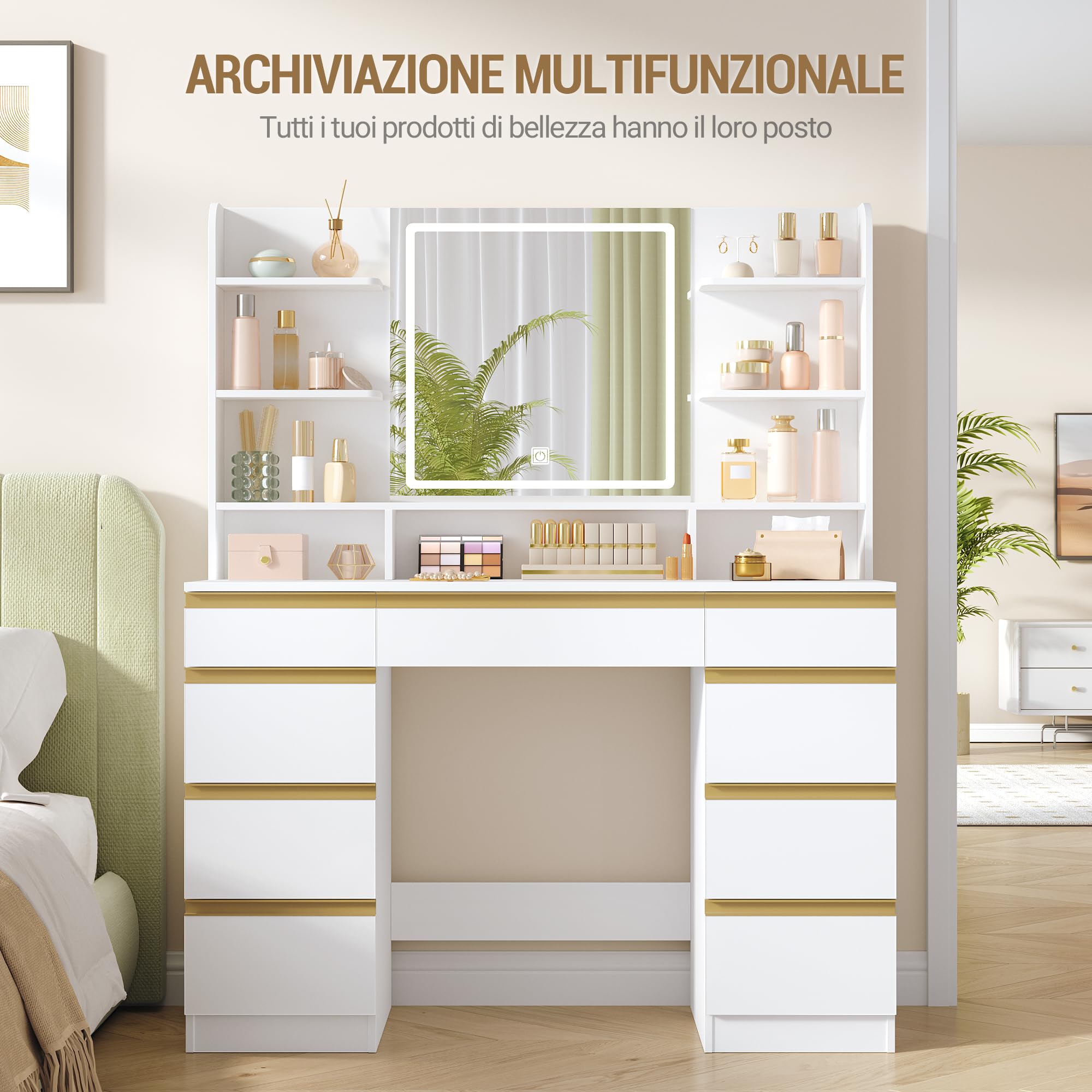 Hzuaneri Toeletta da Trucco Grande con Illuminazione a LED, 3 Colori, Luminosità Regolabile, Tavolo da Trucco con Specchio, 9 Cassetti, 9 Ripiani Aperti, Stile Moderno, Bianco-Oro DT41903X