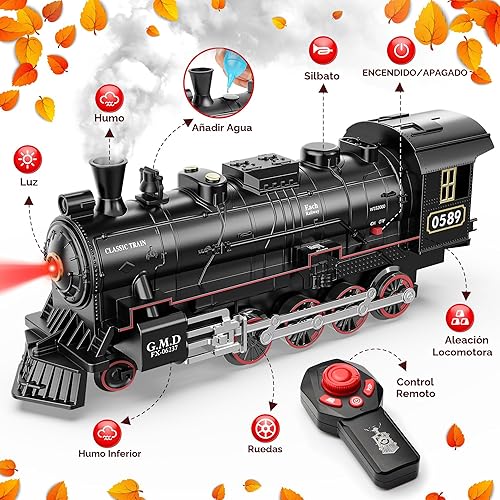 Miniatura 2 de Hot Bee Juego de tren para niños, juegos de tren de aleación a control remoto con locomotora de vapor, autos y pistas iluminados, juego de trenes