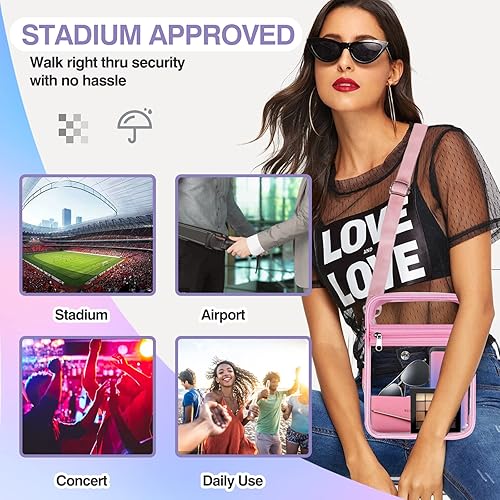 Vista 28 de Bolsa transparente aprobada para estadios, bolsa cruzada transparente, con correa de hombro ajustable para mujer, con bolsillo frontal