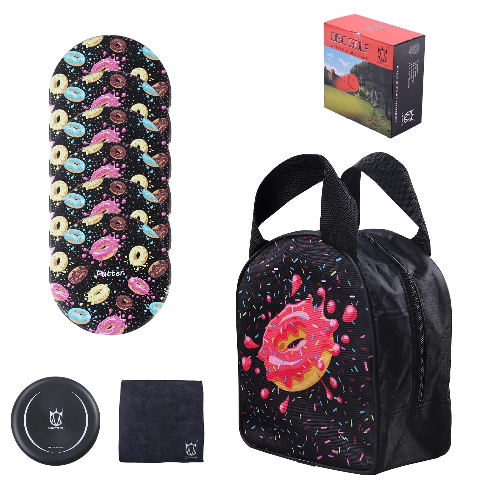 Photo 1 of CROWN ME Disc Golf Set, 6 Pack Donut Starter Disc Golf Disc Set with Nice Donut Printing Bag