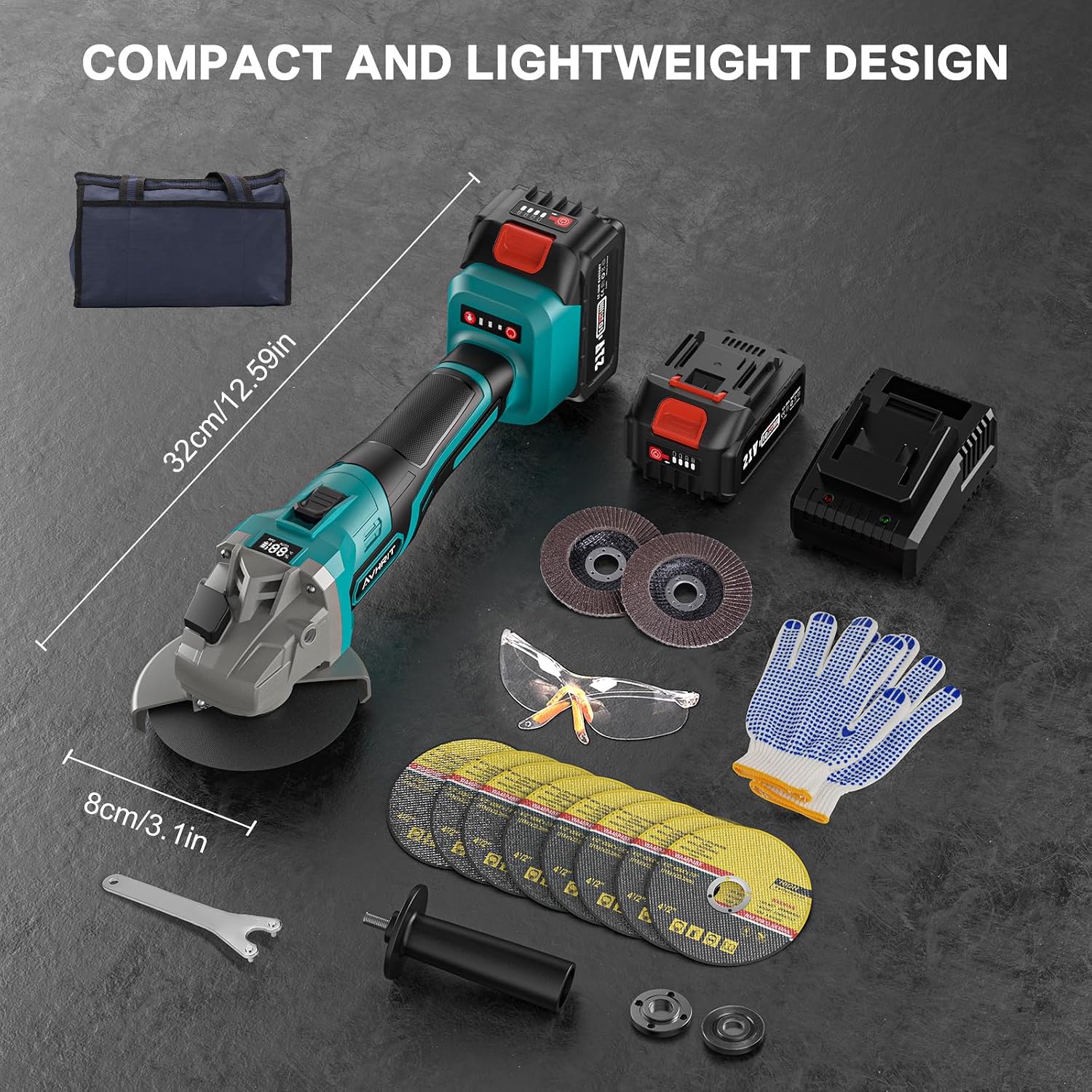 Avhrit Angle Grinder with dimensions and accessories