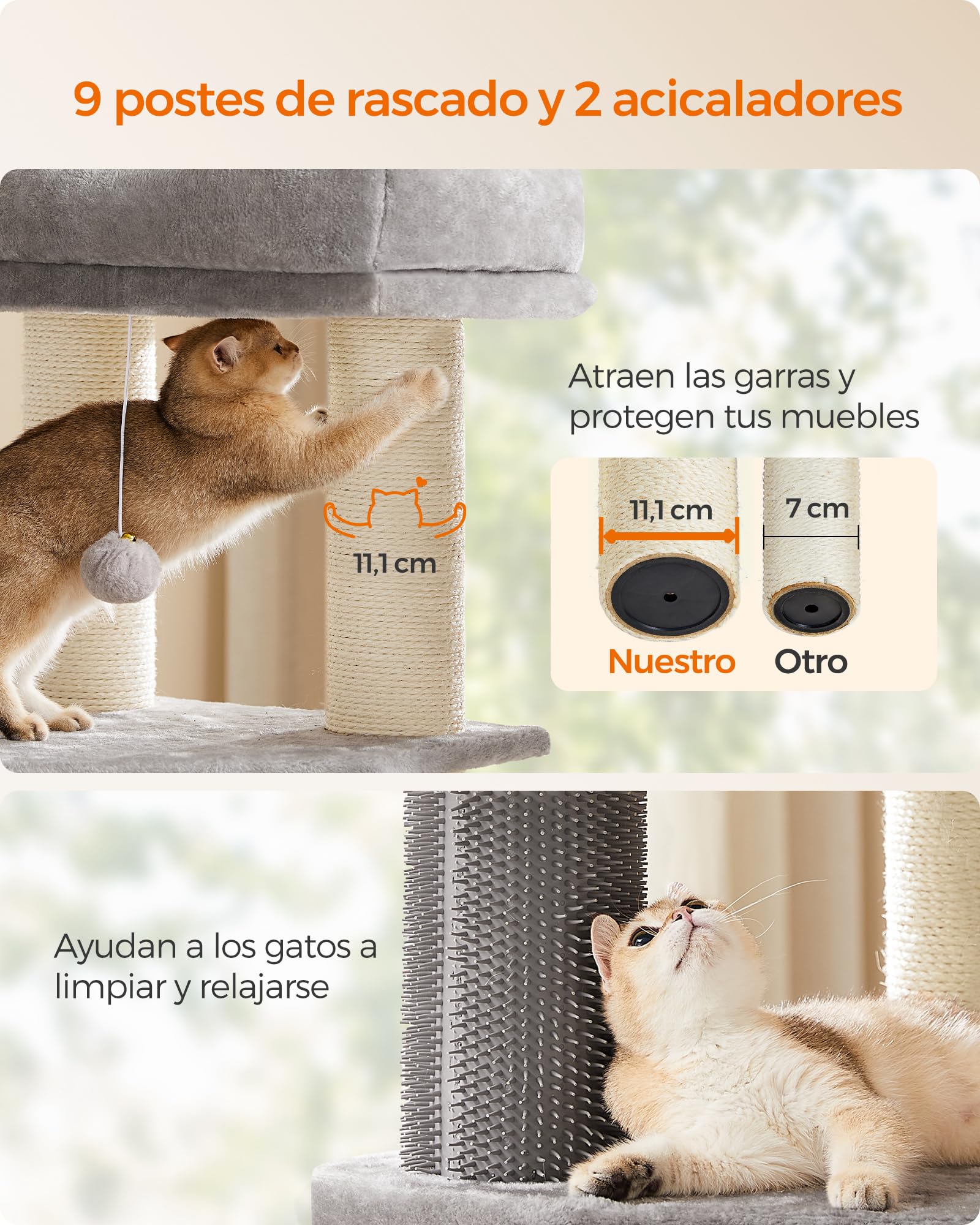 Feandrea Árbol para Gatos Grande y Estable, Torre para Gatos Grandes, con Almohadillas Autocalentables, Solapas, Cueva, Cuerda de Sisal, 50 x 50 x 160 cm, Gris Paloma y Blanco Crema PCT003N01