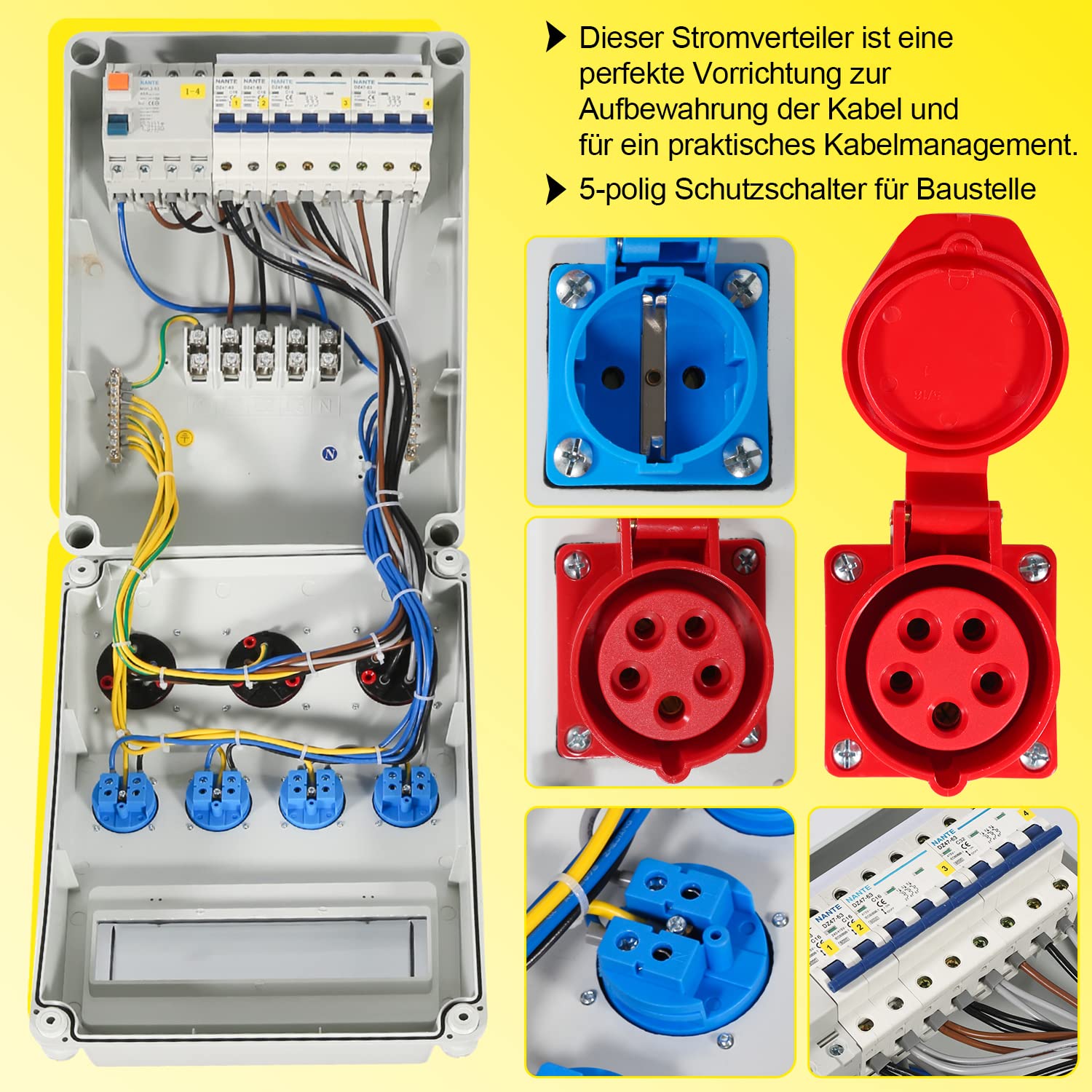 Herrselsam Baustromverteiler, 1X32A 2X16A 4x230V MIT LS+FI mit Leitungsschutzschalter und RCCB, 5 polig Wandverteiler mit 4 Schutzkontaktsteckdosen und CEE 16/32A, Innen Außenbereich auf Baustellen
