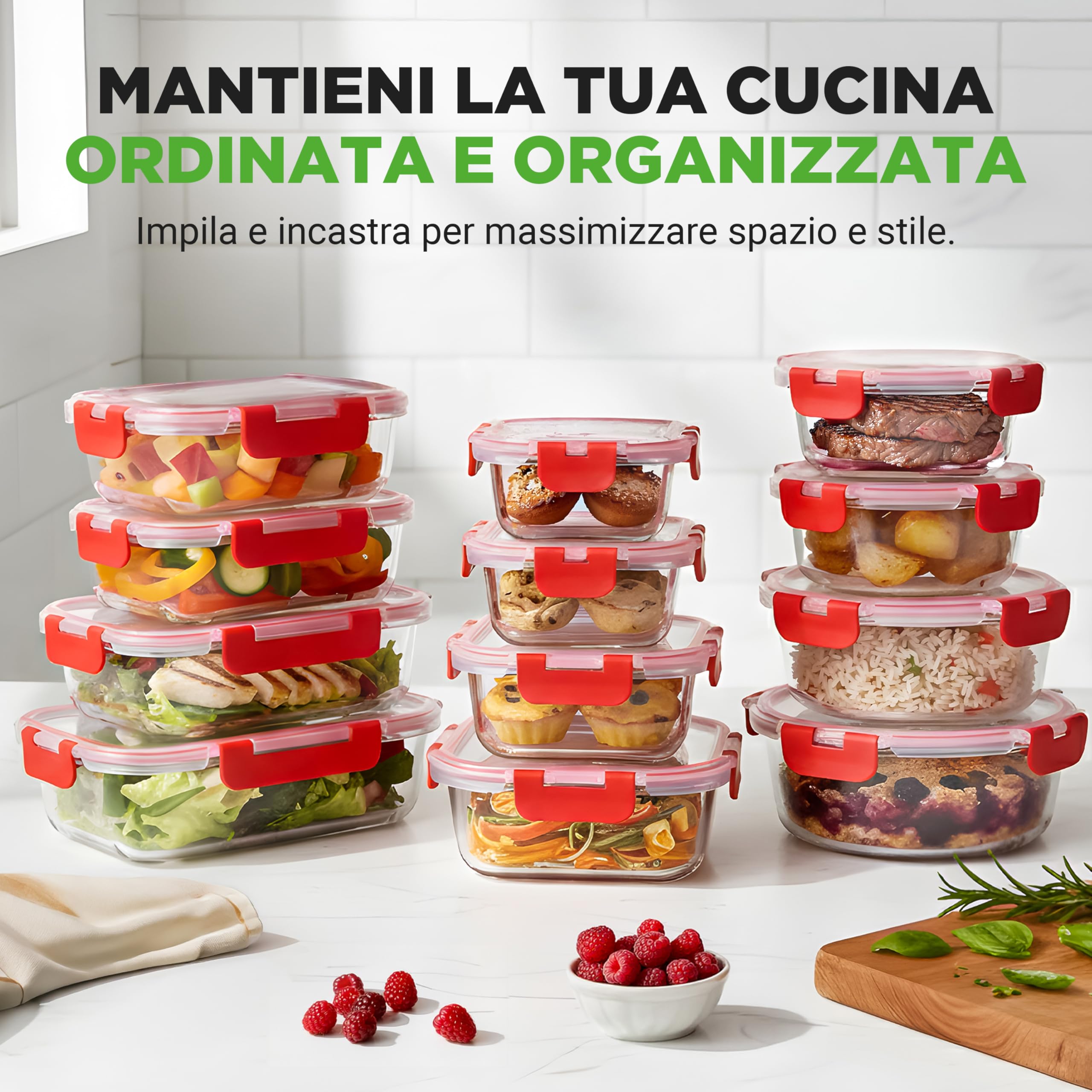 NutriChef Set di 12 Contenitori per Alimenti in Vetro con Coperchi, Contenitori Resistenti per la Preparazione dei Pasti, Sicuri per Microonde, Freezer e Lavastoviglie