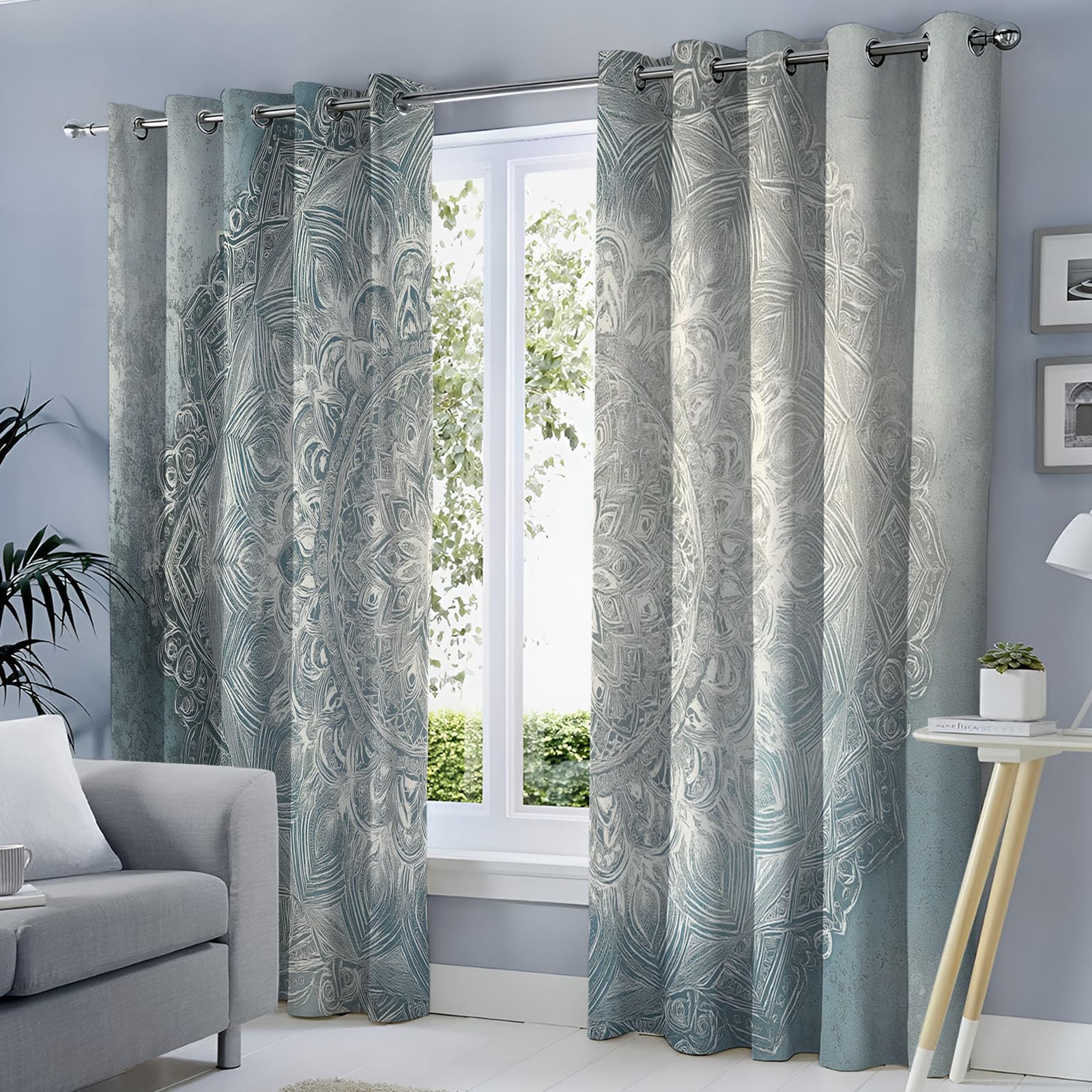 Bohême Rideau Occultant Bleu, Thermique Isolant Anti Froid, Rideau Mandala,140x180 cm Lot de 2 Rideaux à Oeillets, pour Chambre, Salon, Chambre Enfant
