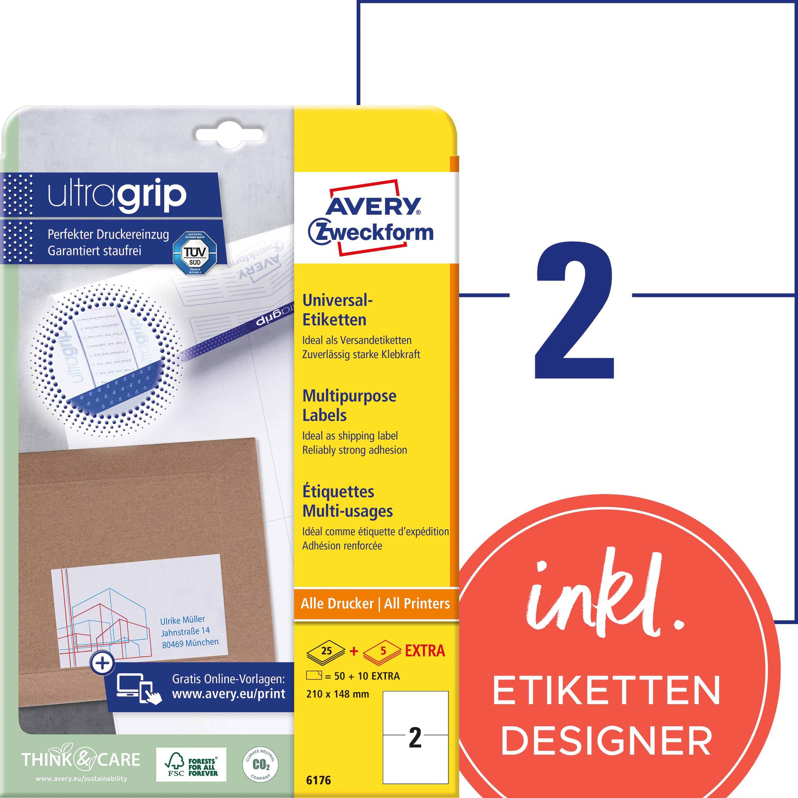 AVERY Zweckform 6176 Universal Etiketten (50 plus 10 Klebeetiketten extra, 210x148mm auf A4, bedruckbare Versandetiketten, selbstklebende Versandaufkleber mit ultragrip, DHL) 30 Blatt, weiß