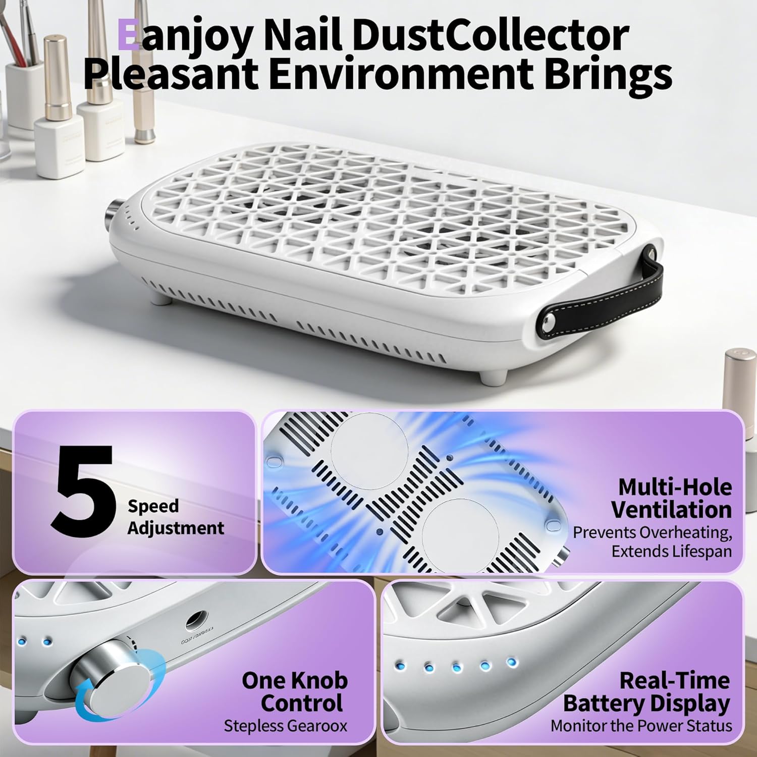 Dual Turbine Nail Dust Collector Nail Tech, 2000Pa High Power Nail Fan Dust Collector, Professional Nail Dust Collector Corded for Acrylic & Gel, Salon Dust Collector Nail Tech