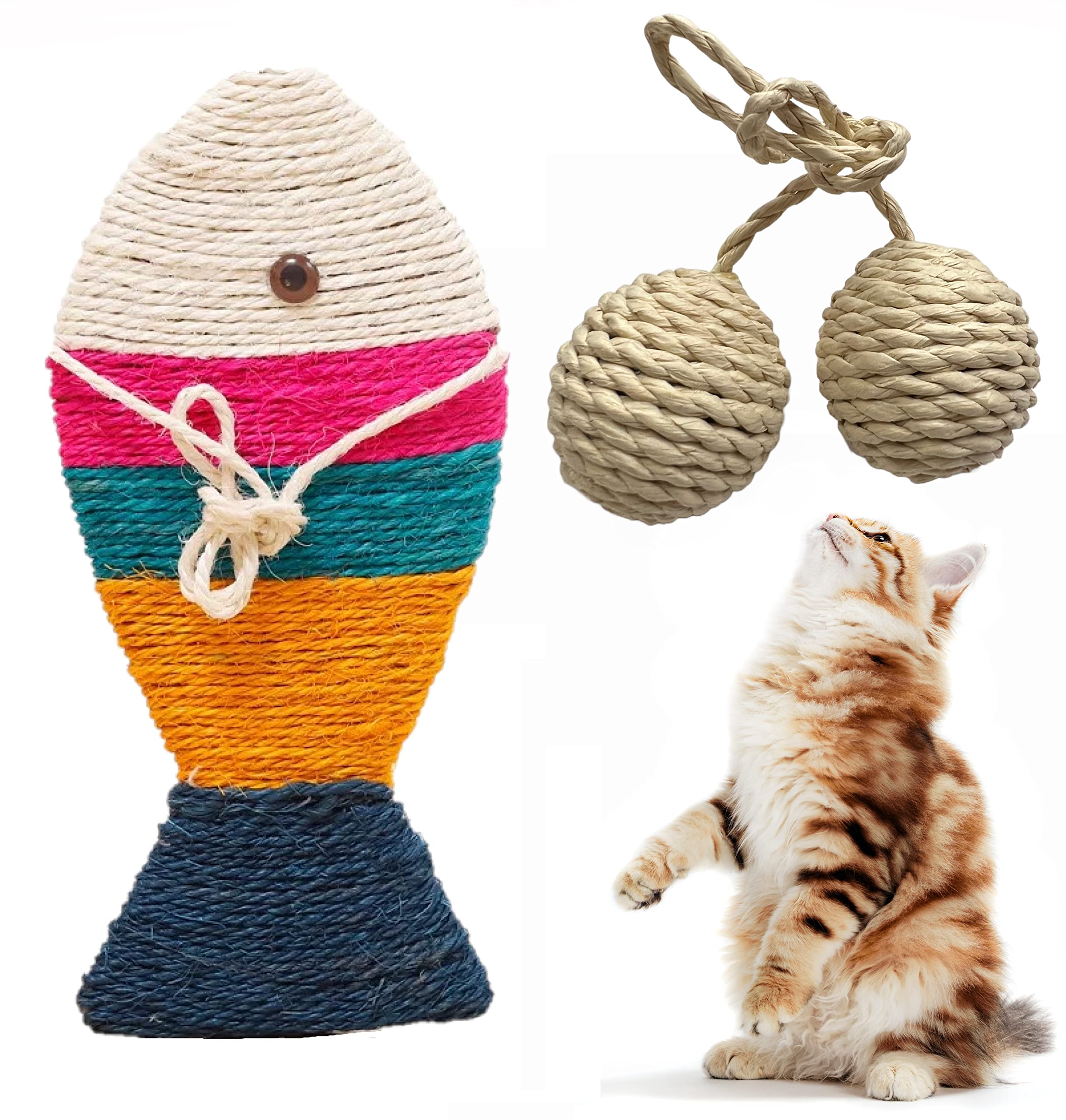 First Play Cat Toys Combo of Fish Toy Sisal Rope Balls I Scratch Board  Cat I Scratcher Toy for Cats,Interactive Cat Toy with Hanging Rope I Kitten