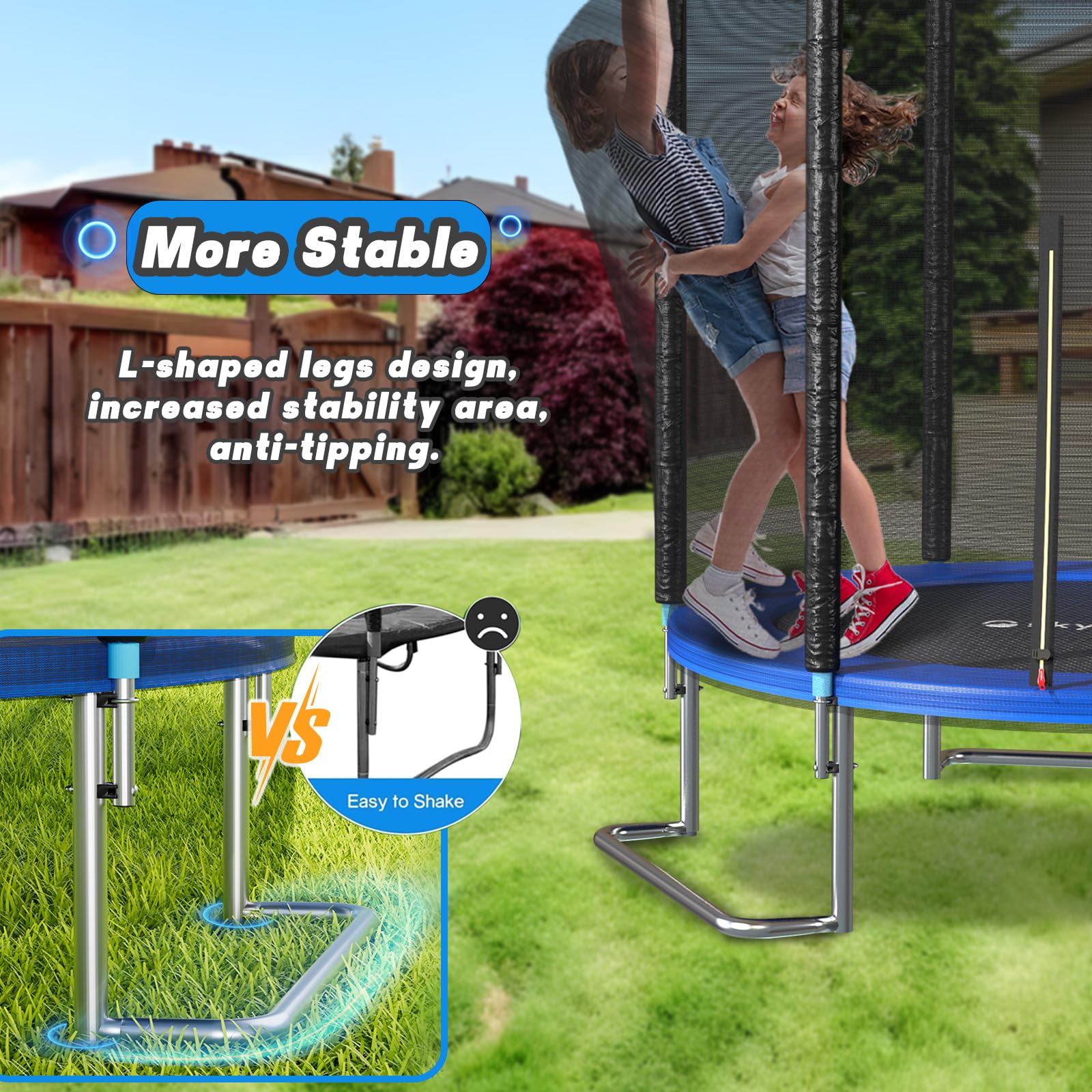 8FT Outdoor Trampoline with Net Enclosure, 8 FT Recreational Backyard Trampolines for Kids and Adults, ASTM Approved L-Shaped Legs for Extra Stability Outdoor Trampoline
