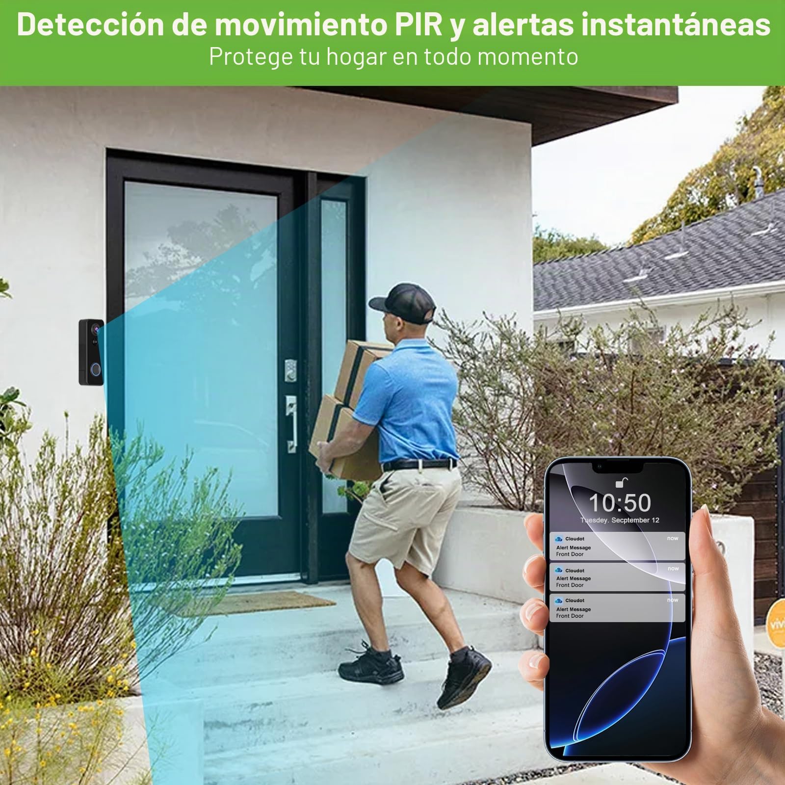 Timbre de video inalámbrico con timbre de cabeza a pies 2K HD Smart WiFi Timbre de puerta con cámara de detección de movimiento funciona con pilas, visión nocturna, tarjeta SD de audio bidireccional y