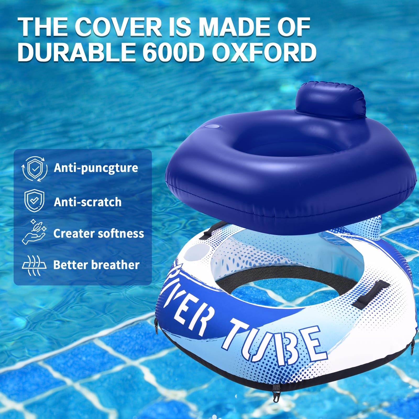 WERNNSAI Tube de rivière robuste de 132,1 cm avec housse en toile, grands flotteurs de piscine, tubes d'eau gonflables hexagonaux pour adultes, chaise longue avec porte-gobelets, dossier et poignées