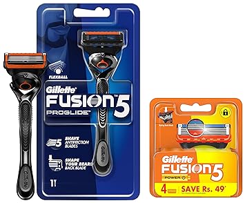 Gillette Fusion Power shaving Razor Blades - 4s Pack (Cartridge) & Gillette Fusion Proglide Razor for Men for Perfect Shave and Perfect Beard Shape