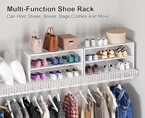 Miniatura 5 de Paquete de 2 zapateros blancos para armario, estante pequeño para zapatos expandible de 2 niveles, organizador de zapatos apilable de combinación de