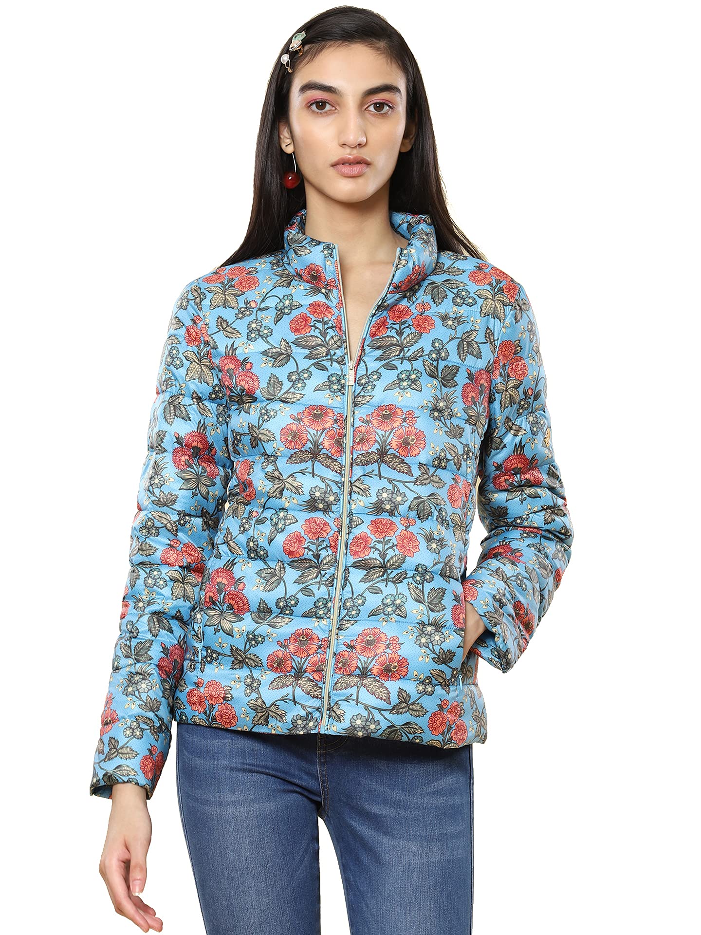 Label RITU KUMARBlue Floral Print Puffer Jacket, BLUE, XL