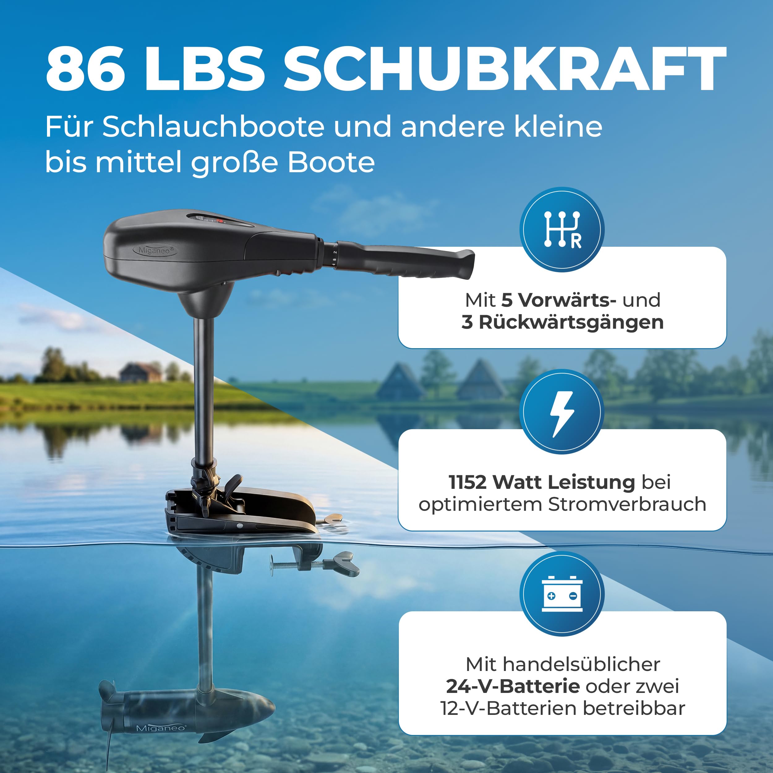 Miganeo Elektromotor Boot TRS 86 lbs – Elektro Außenborder 1152 Watt – Salzwassertauglich & mit LED Batterieanzeige – Bootsmotor Elektro 24V auch für Schlauchboote – 5 Vorwärts- & 3 Rückwärtsgänge
