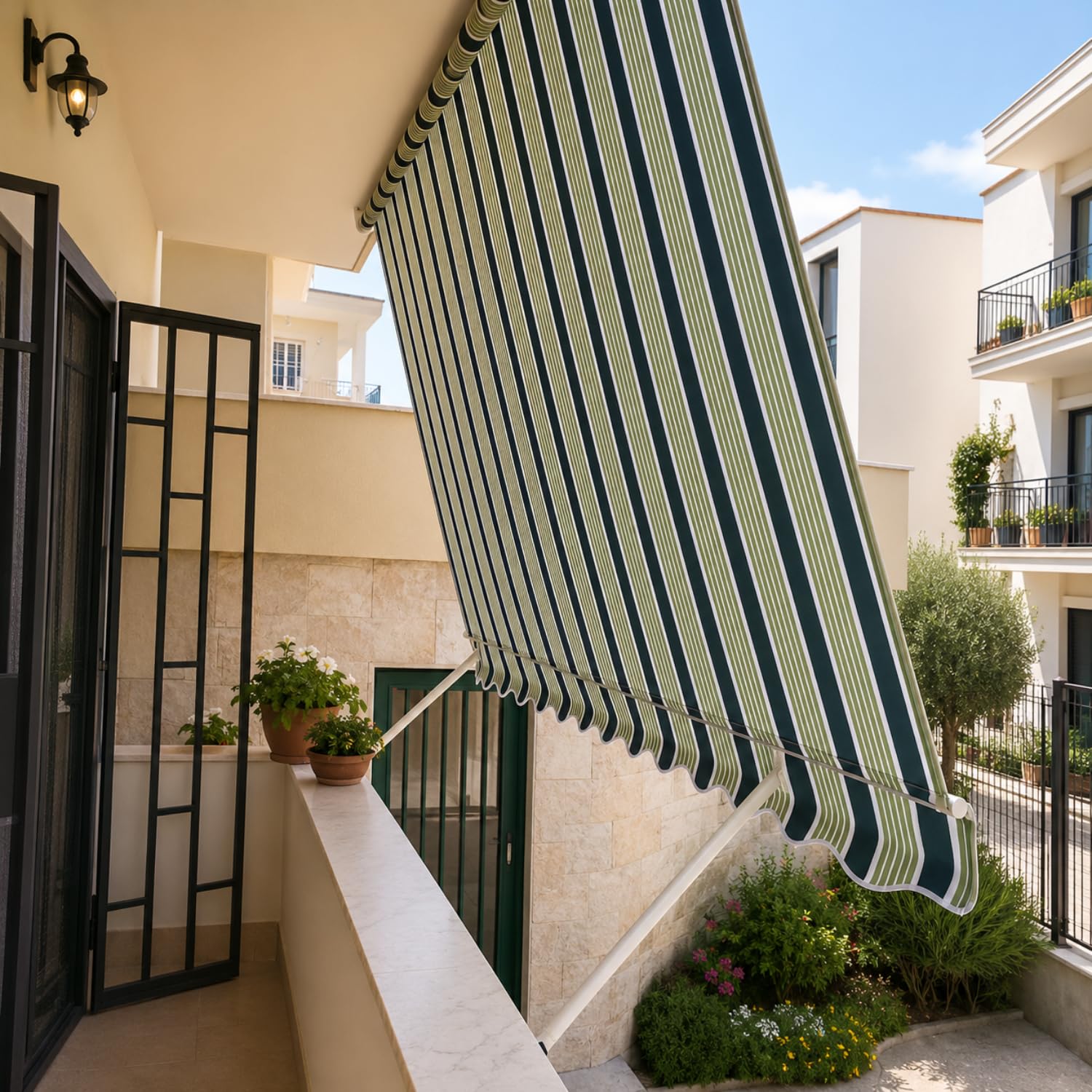 Paluplus Tenda da Sole a Caduta, Misura 300x250 cm, Senza Cassone con braccio avvolgibile e Braccetti Fermatenda, Telo Resistente 280 g/m², per Balcone e Terrazzo -3901F (Verde e Bianco)