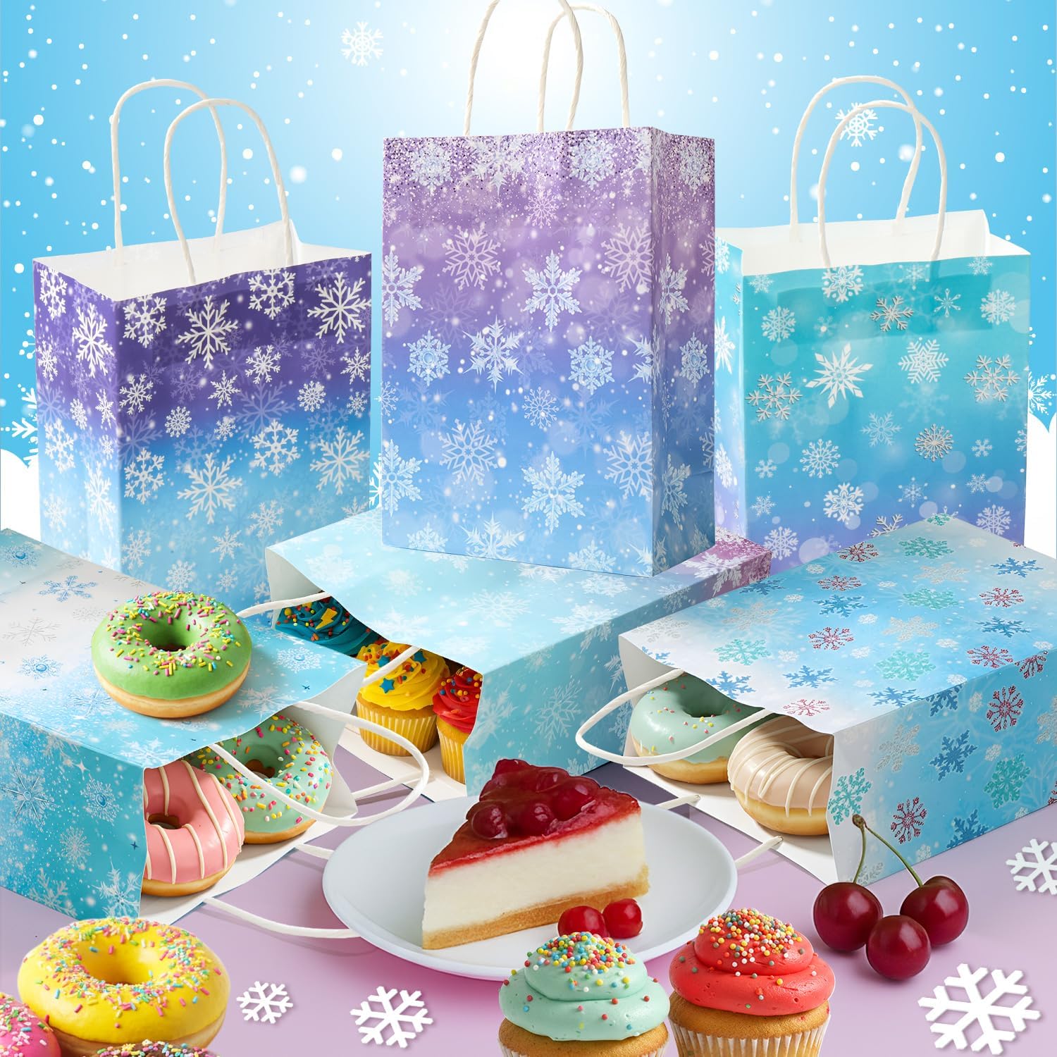 Winter Snowflake Party Favor Bags for Holiday Treats 24 Pcs- Snowflake Gift Bags with Handles, Goodie Bags for Christmas Party, Birthday Party Decorations, Reusable Snow Bags for Gifts and Favors - Image 5
