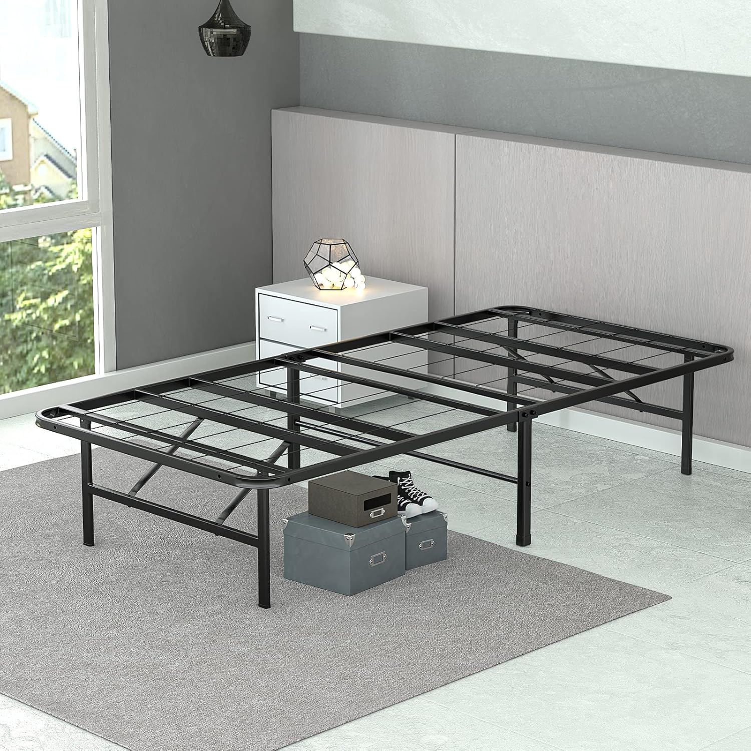 IYEE NATURE 14 Inch Bed Frame Metal Platform Easy Assembly Steel Slat Support No Box Spring Needed Black Large Storage Space Twin Size Bed Frames