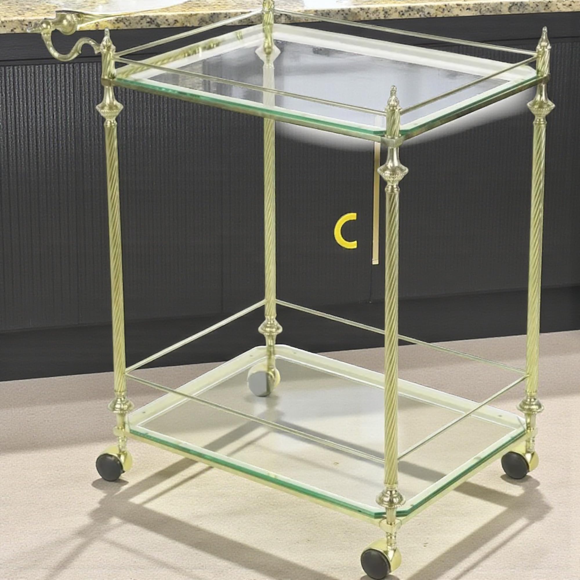 Luxus Servierwagen aus Messing mit Glasplatten – Eleganter Barwagen/Trolley im Vintage-Stil – 2 Ebenen – 83x83x84 cm Ausstellungstück Italienischer Kunstwerk