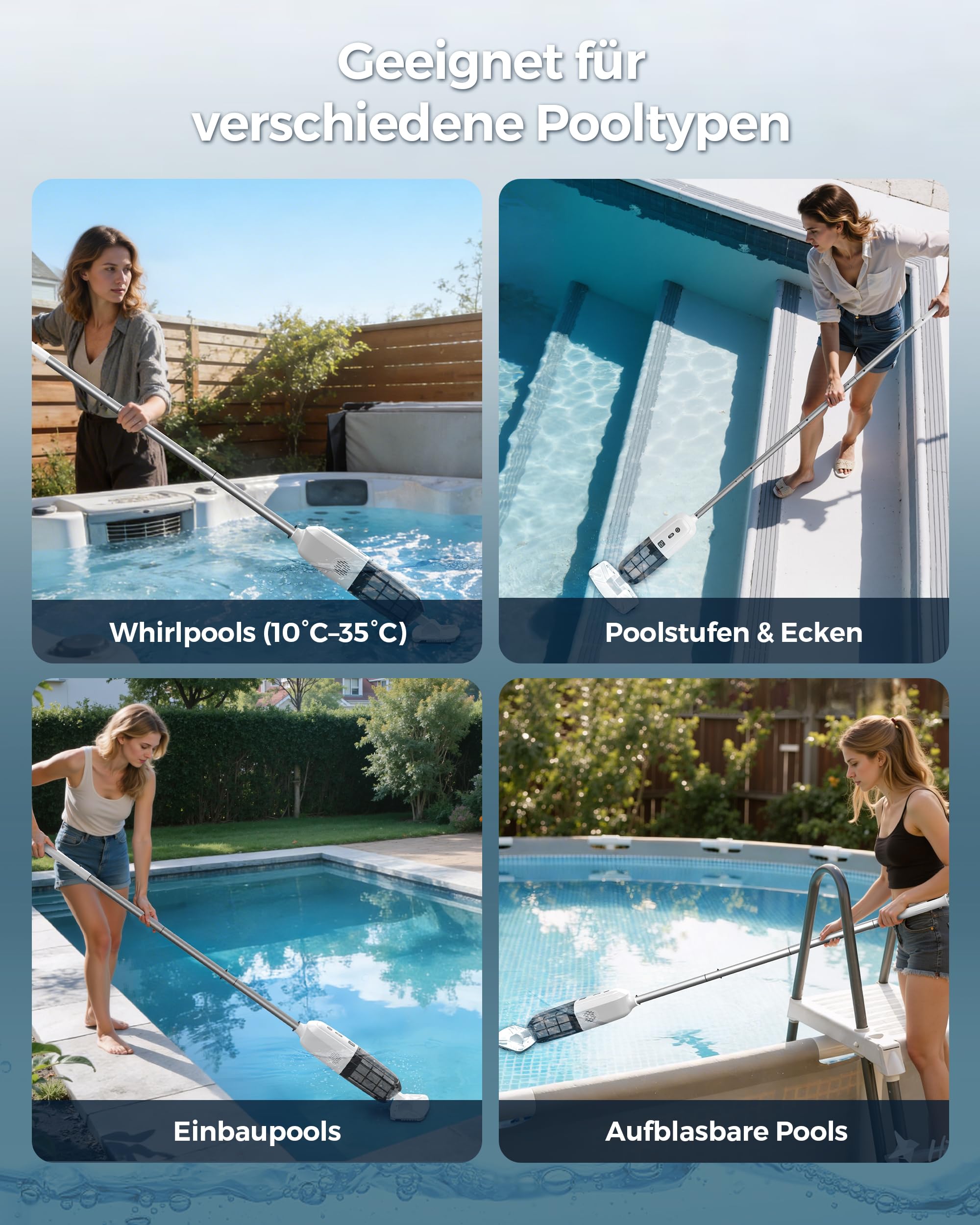 2026 Upgrade Poolsauger Akku,Pool Handsauger Mit Betriebsdauer Bis Zu 70 Minuten, 250cm Verlängerungsstangen,Poolreiniger Mit 180μm Filter,Ideal für Aufstellpool & Einbaupool, Spas, Whirlpools, Weiß